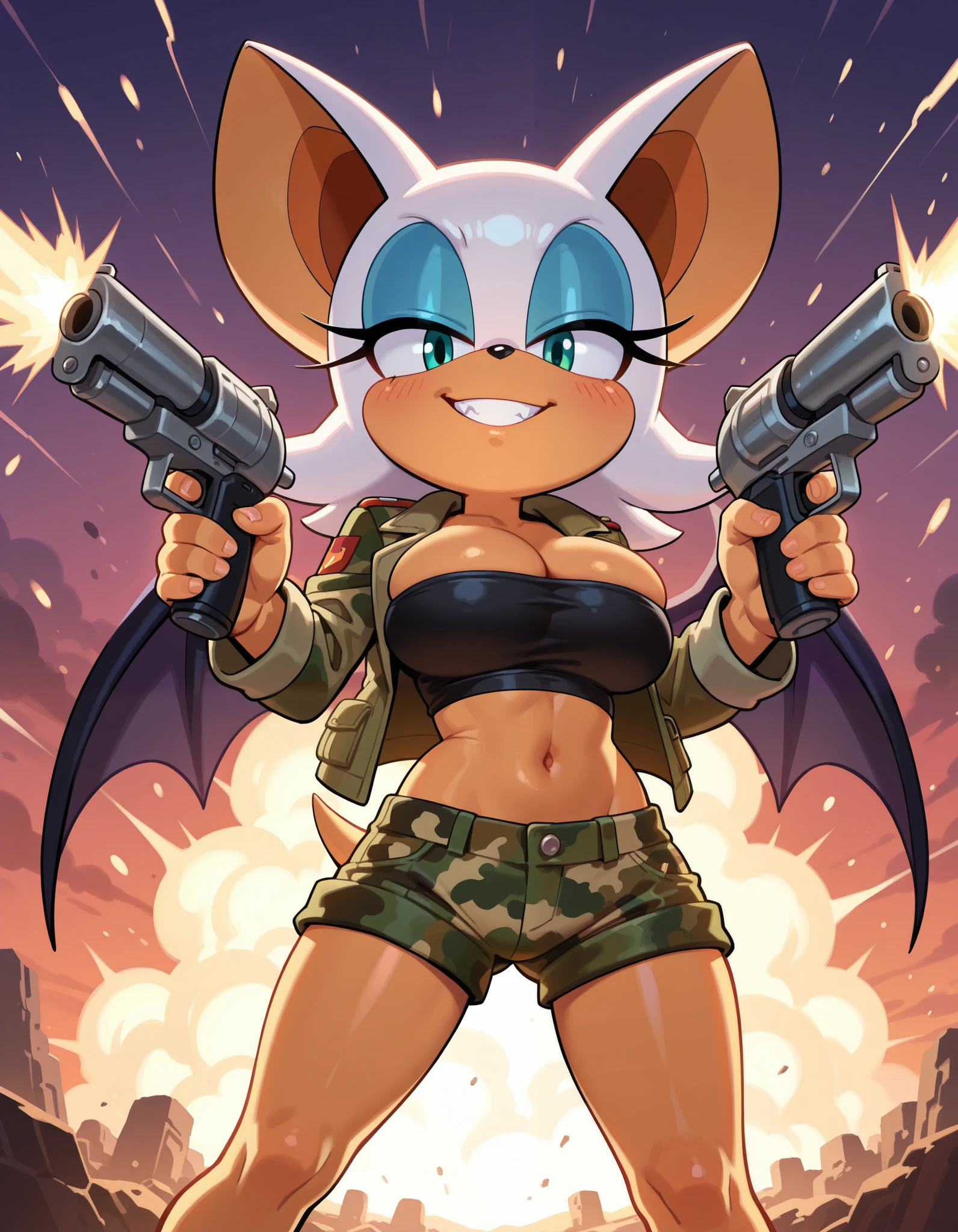 masterpiece, best quality, amazing quality, very aesthetic, absurdres, source furry, Rouge the bat, short body, small stack, half closed eyes, cyan eyes, seductive look, outdoors, explosions background, looking at viewer, grin, frown, black tube top, camo military jacket, camo military short shorts, wielding dual pistols, pointing pistols up, deep cleavage, breasts, standing, pose, navel