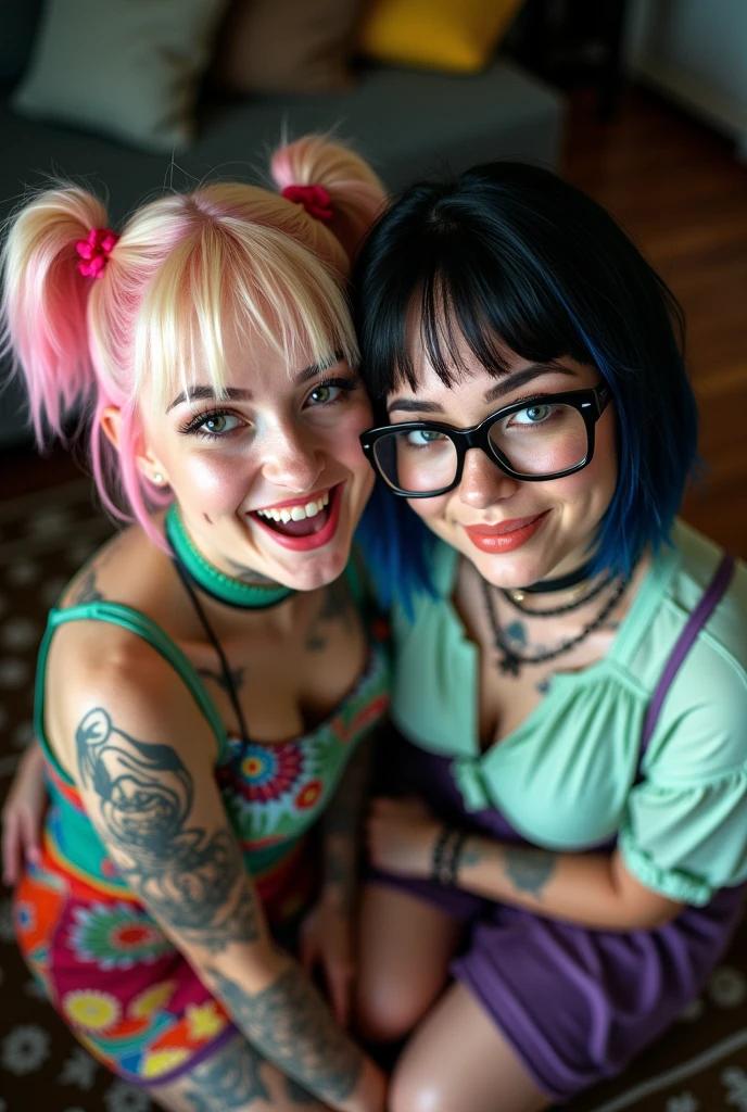 2heads, female couple, age 28, two heads on one body, tongues merged, one torso, hipsters, multicolored hair, hipster fashion, in bookstore,