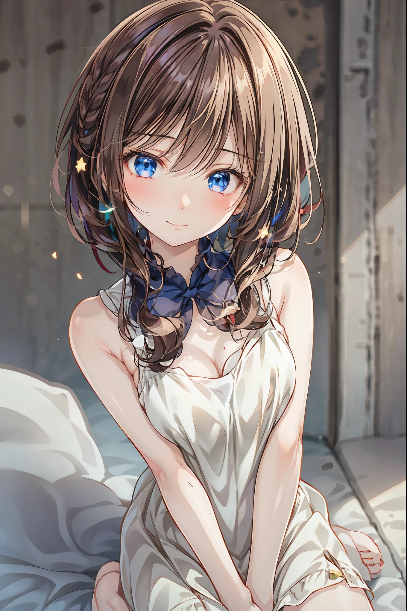 top quality、 Masterpiece、 1 girl、 cute、Beautiful high school girl、 miniskirt、 sits on the ground ,、Kamimei、 staring at me 、 Hair, shortcut, unkempt hair,Short braided hair,Neat, slender beautiful woman,Correct posture,Small chest, beautiful legs, has enchanting gray-blue eyes that shine like stars, droopy eyes , vibrant colors, beautiful eyes,A delicate smile,Textured Skin, Best Quality at its Best , gentle and beautiful woman , anime style、