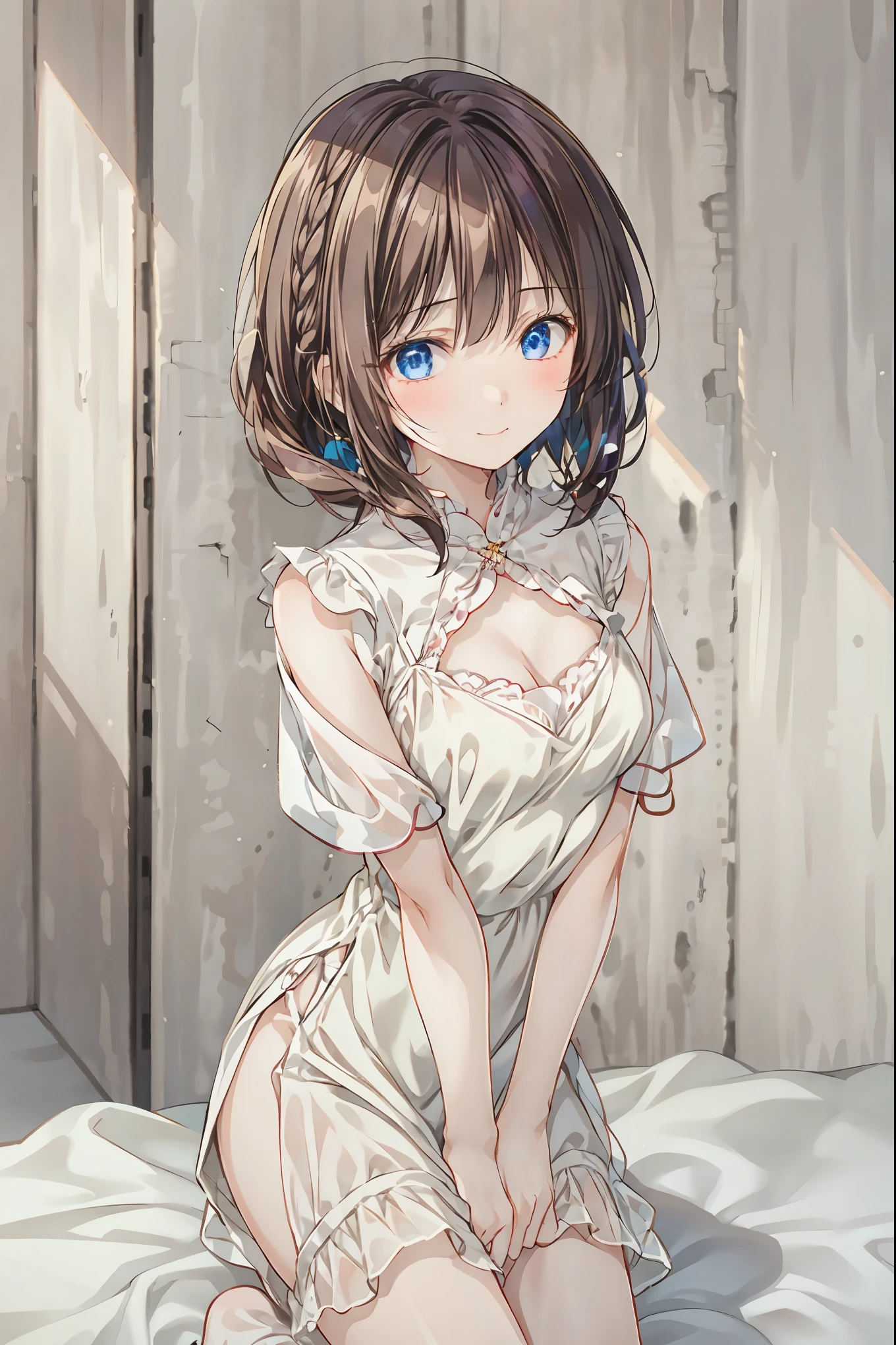 top quality、 Masterpiece、 1 girl、 cute、Beautiful high school girl、 miniskirt、 sits on the ground ,、Kamimei、 staring at me 、 Hair, shortcut, unkempt hair,Short braided hair,Neat, slender beautiful woman,Correct posture,Small chest, beautiful legs, has enchanting gray-blue eyes that shine like stars, droopy eyes , vibrant colors, beautiful eyes,A delicate smile,Textured Skin, Best Quality at its Best , gentle and beautiful woman , anime style、