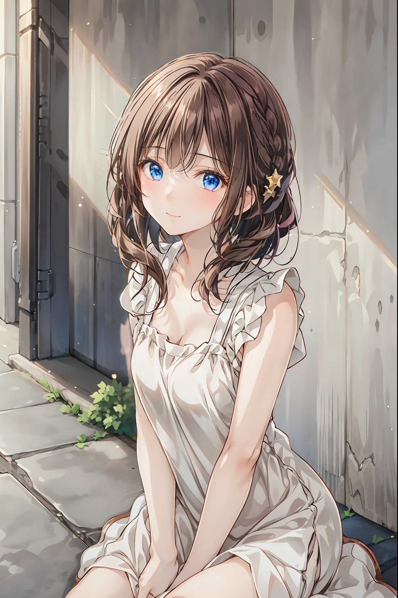 top quality、 Masterpiece、 1 girl、 cute、Beautiful high school girl、 miniskirt、 sits on the ground ,、Kamimei、 staring at me 、 Hair, shortcut, unkempt hair,Short braided hair,Neat, slender beautiful woman,Correct posture,Small chest, beautiful legs, has enchanting gray-blue eyes that shine like stars, droopy eyes , vibrant colors, beautiful eyes,A delicate smile,Textured Skin, Best Quality at its Best , gentle and beautiful woman , anime style、