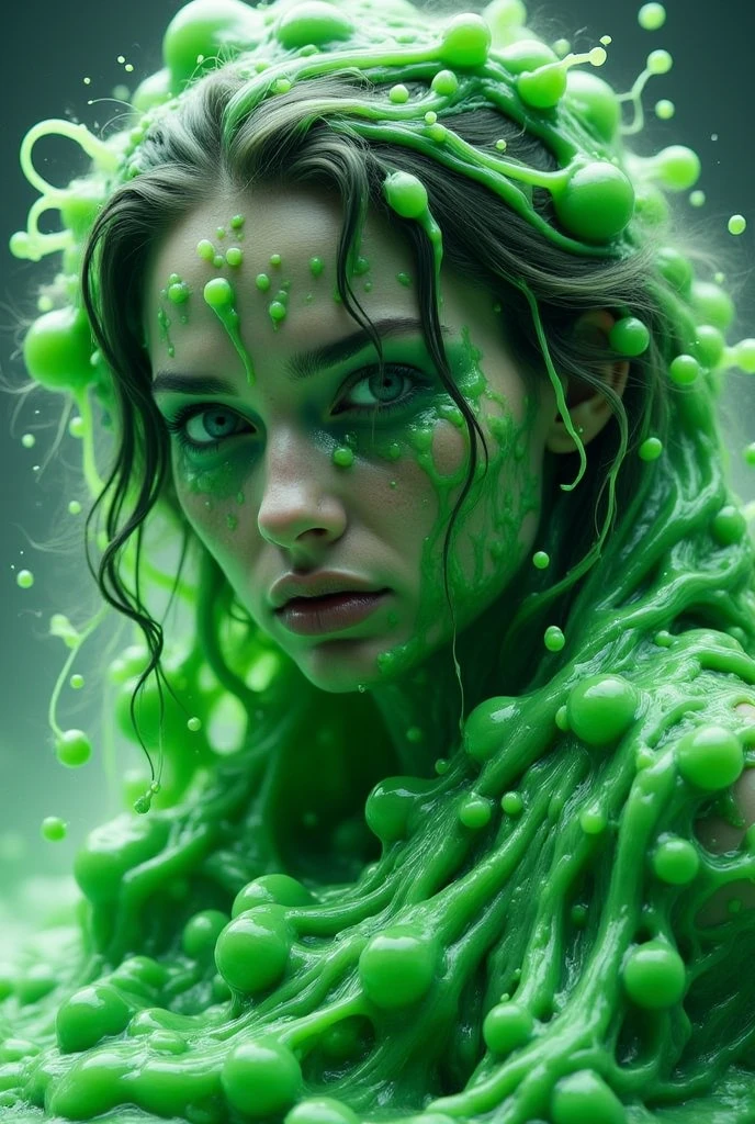 Slime, (monster girl), green slime with darker green, dripping with yellow ooze, clothed, masterpiece, best quality, magic background