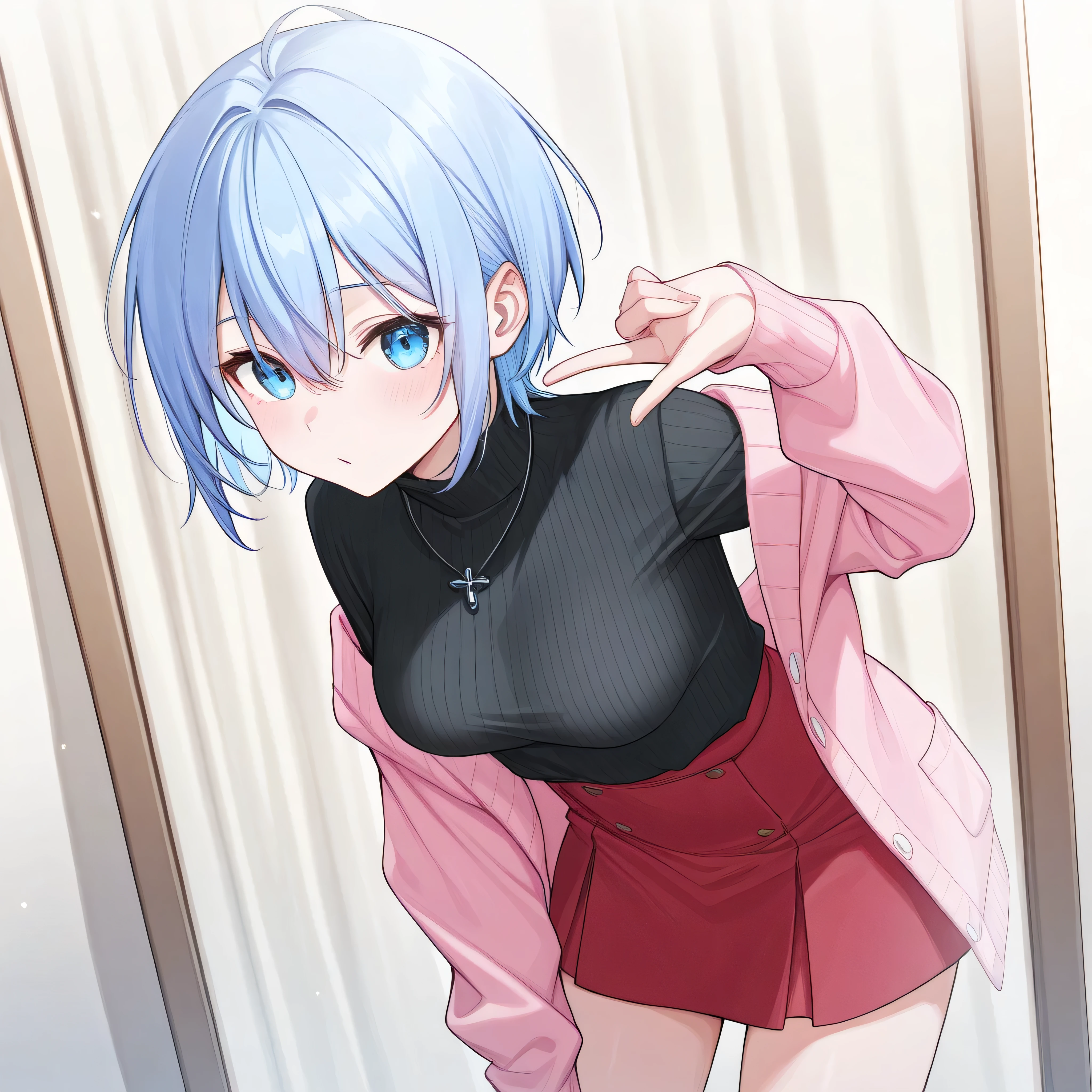  one girl about 20 years old 、 short hair、 blue hair close to light blue 、 blue eyes、Standing in front、 standing picture、 looking here、 black sweater that has been hit, pink cardigan that fell off both shoulders、 medium breasts,  red skirt 、 lean forward、In front of a mirror bending over、 look like you're in trouble、 so aesthetic、hospital