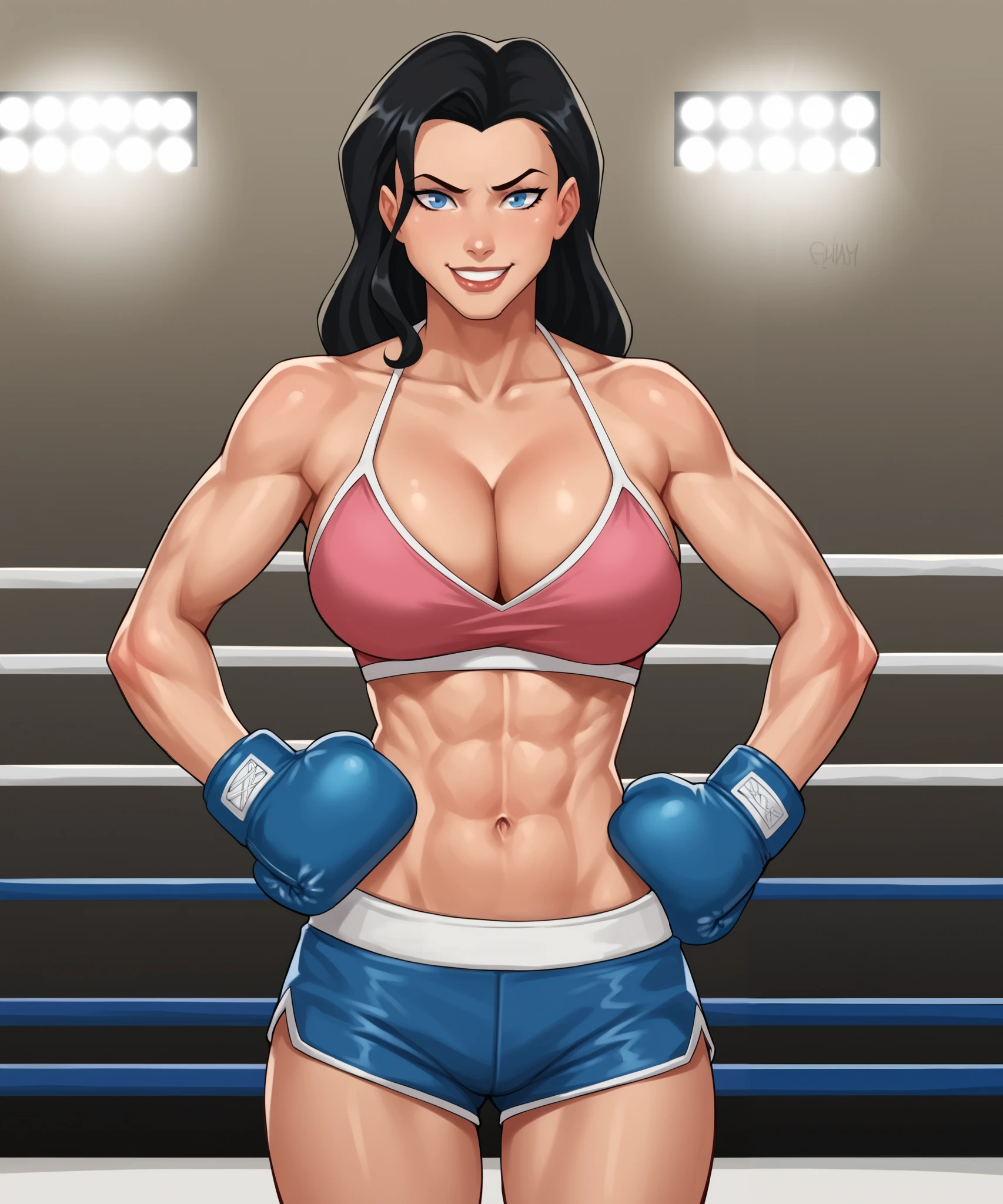 safe_pos, PonyXLV6_Scores BREAK ((parody style, parody), perfect anatomy, perfect eyes, cowboy shot), BREAK zatanna, black hair, blue eyes, flirting, raised eyebrow, ((looking at viewer)), hot pink boxing shorts, cleavage, hot pink boxing gloves, curvy, toned, athletic, large breasts, standing, boxing ring, indoors, gym, muscles, hot pink bikini top, smiling, hands on hips