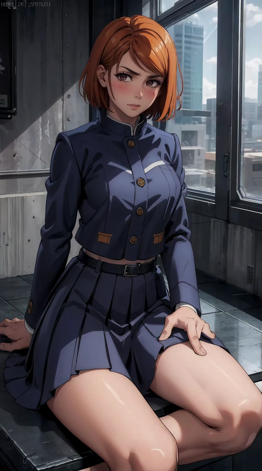 1girl,NSFW , ((masterpiece)) , ((jujutsu kaisen)) , ((kugisaki nobara)) , ((detailed art style)) , ((very detailed)) , ((finely detailed)) , ((beautiful girl)) , ((realistic )) , 20 years old, ((1girl)) , ((best quality)) , (8k cg wallpaper) , ((super cute and sexy)) , ((hyper beauty)) , ((super real)) , ((super detailed)) , (beautiful detailed glow) , high res, high saturation , (perfect anatomy) , ((beautiful detailed face)) , (blush ), (sexual perversion face) , ((beautiful brown short hair), (beautiful detailed eyes), (beautiful detailed shading), (gradient eyes), (cute eyes), (brown eyes), (sexy mouth and lips), (shiny skin), (beautiful big breasts)) , high lights, ((perfect real arms)) , ((perfect real arms)
hands), ((delicate arms)), ((delicate hands)) , ((hand with five delicate fingers)) , ((beautiful five fingers))) , (simple finger shape) , ((perfect royal legs)) , ((beautiful legs)) , (school uniform) , (gakuran) , (black transparent panties) , sitting , open legs , wardrobe , blinds, exposed breasts, lascivious look, huge ass