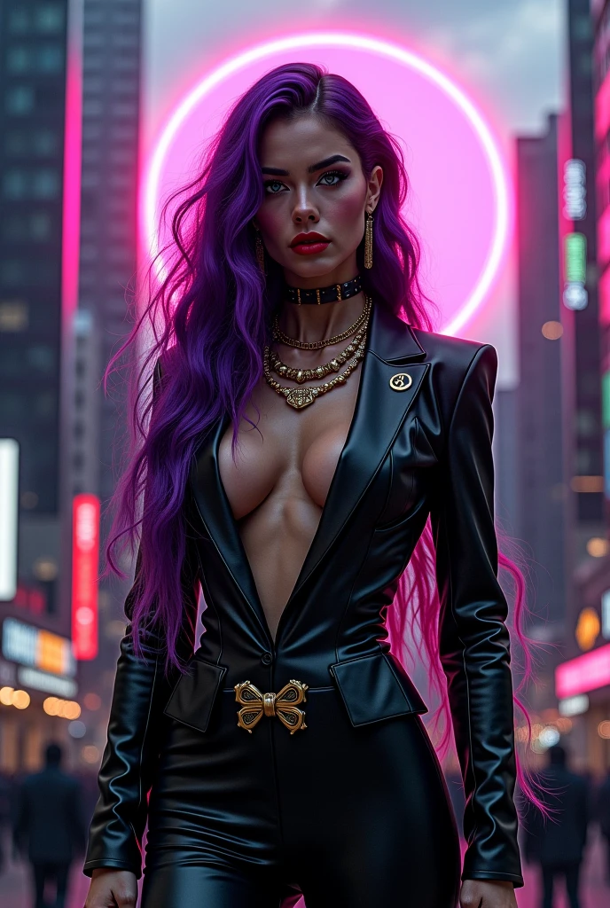beautyfull slender woman, tall woman, lilac details, sidecut big lilac hair, long hair, black lipstick, black jacket, purple bra, black pants, punk woman, adult woman, serios face, city background