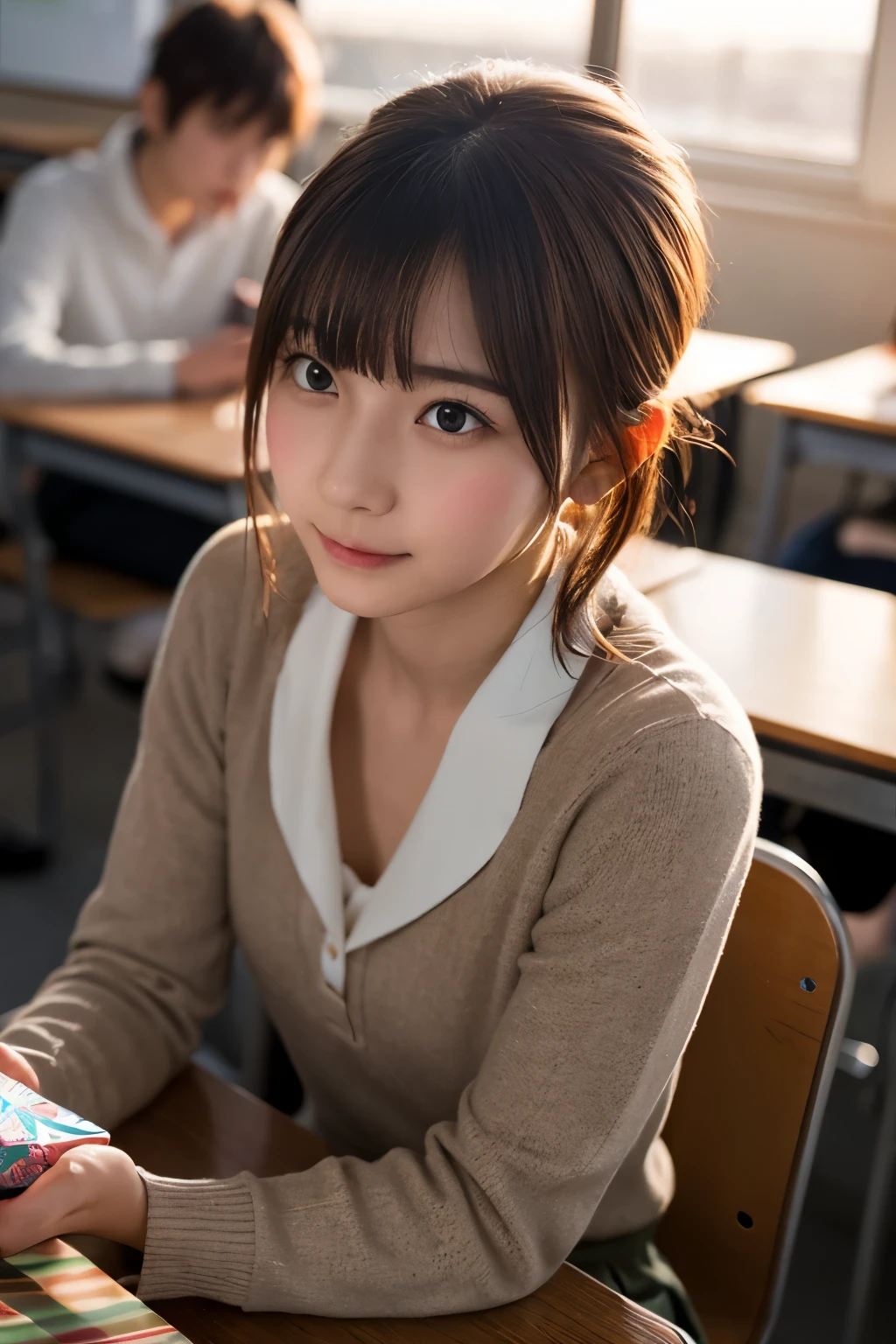 A Japanese high school girl sitting at her desk in a classroom bathed in warm sunset light. She is slightly blushing, shyly handing a small, neatly wrapped gift box to the boy sitting behind her. The perspective captures the side of her face, focusing on the gift being passed discreetly. Blurred figures of other students are visible in the background, adding to the calm and lively classroom atmosphere, {photorealistic}, {4K resolution}, {cinematic}, {dramatic}