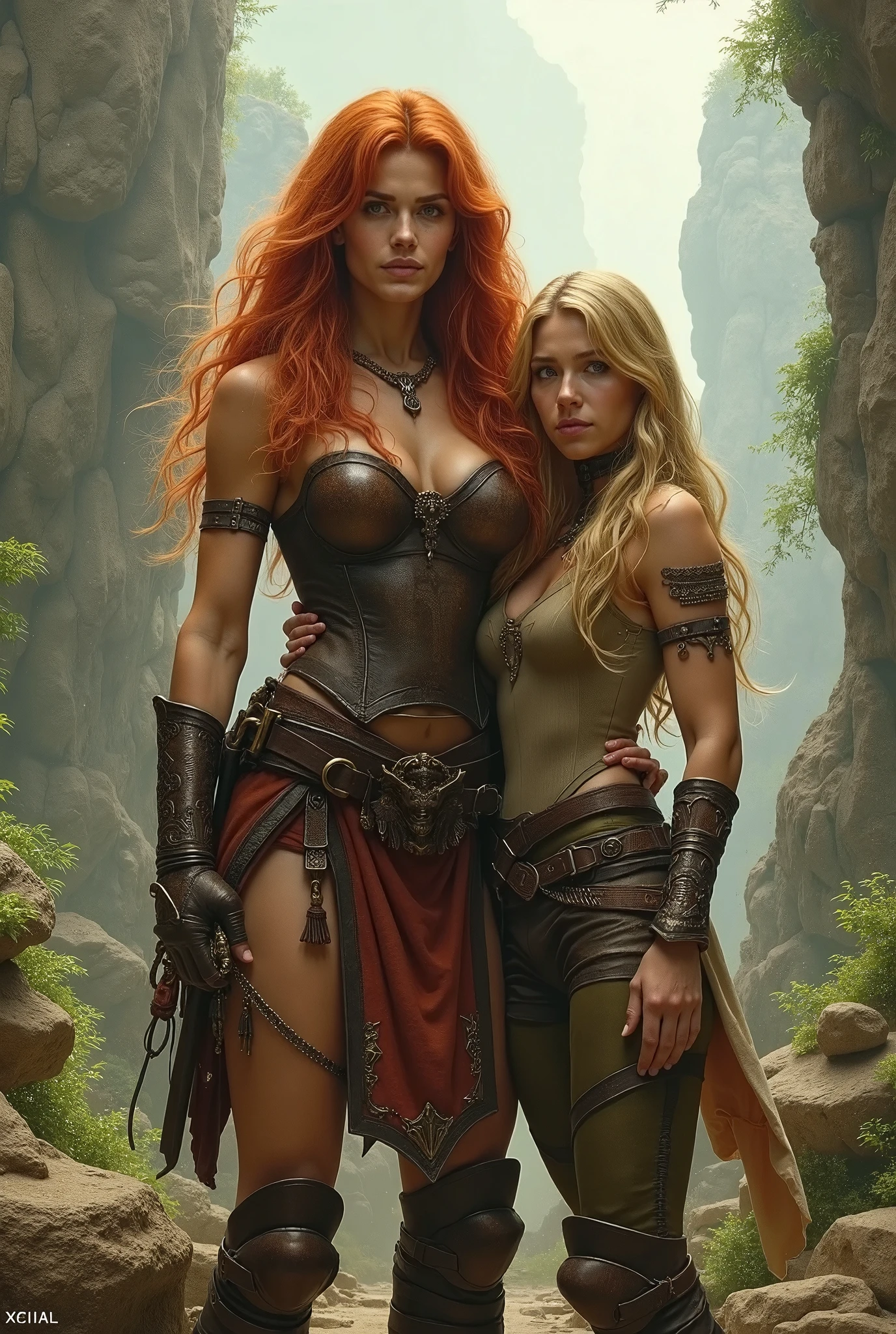 2girls, female barbarians, leather armour, blonde hair, red hair, full body shot, lesbian, romance, clyde caldwell