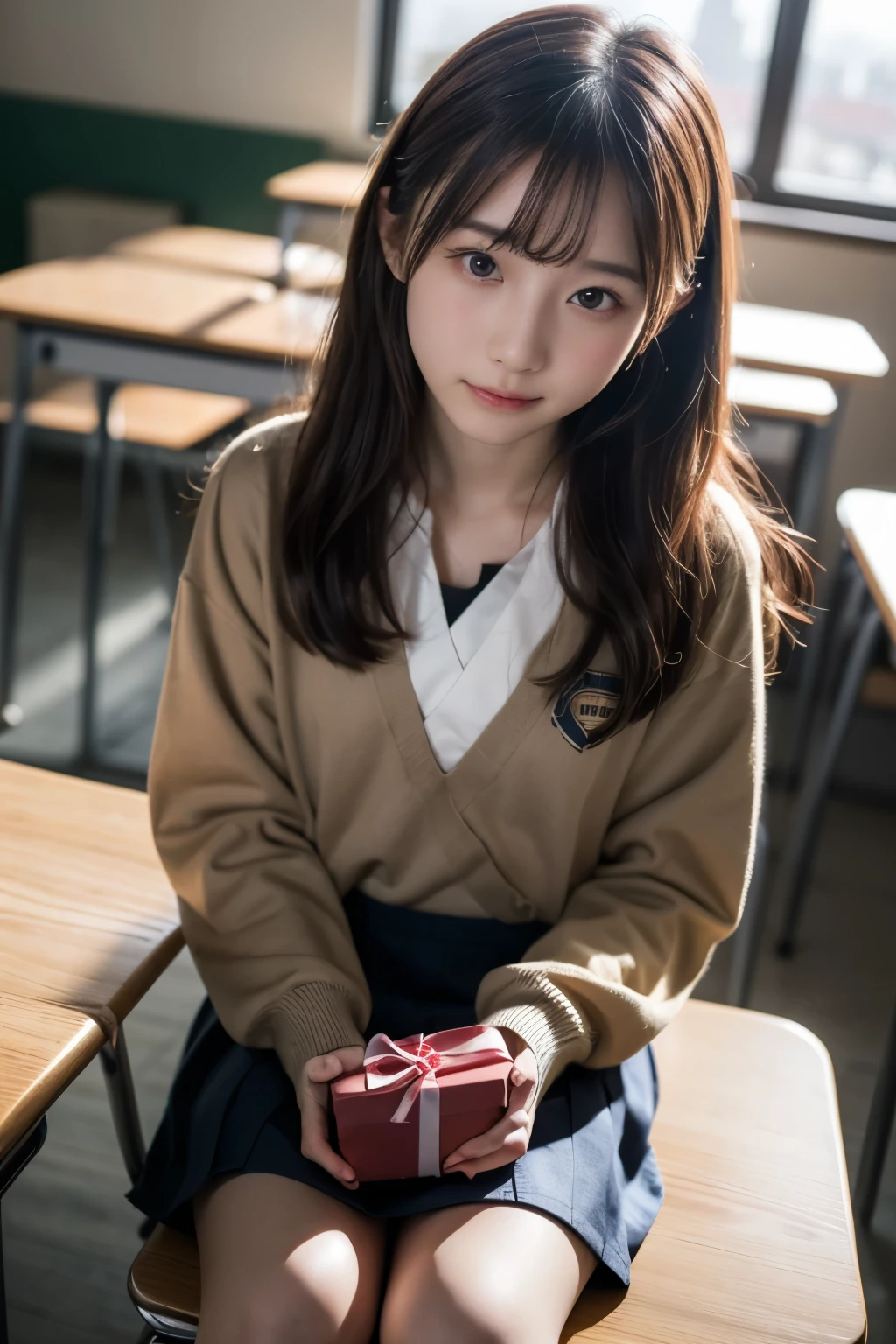A Japanese high school girl sitting at her desk in a classroom bathed in warm sunset light. She is slightly blushing, shyly handing a small, neatly wrapped gift box to the boy sitting behind her. The perspective captures the side of her face, focusing on the gift being passed discreetly. Blurred figures of other students are visible in the background, adding to the calm and lively classroom atmosphere, {photorealistic}, {4K resolution}, {cinematic}, {dramatic}