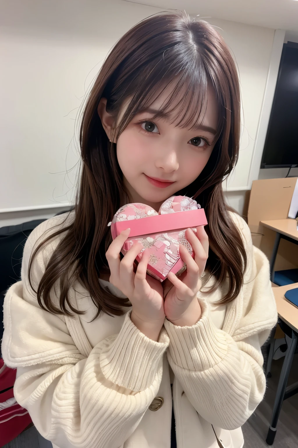 Valentine day, a winter daytime, in the classroom of university, Tokyo, comfort landscape, dressed in fluffy warm fashion with a scarf and a coat, holding a gift box in the palm of her hand and discreetly to someone, heart is pounding with tension, blushing, being embarrassed, laughing, medium length hair, brown red hair, hair fluttering in the wind, beautiful white-colored translucent skin, gramolous figure, sexy, adult sexiness, alluring, glossy face, shy but endearing expressions, cold and shivering, hands reaching out toward here, shooting from below, {realistic}, {cinematic}, {photogenic}, {photorealistic}, {4K resolution}, {cinematic}, {dramatic}