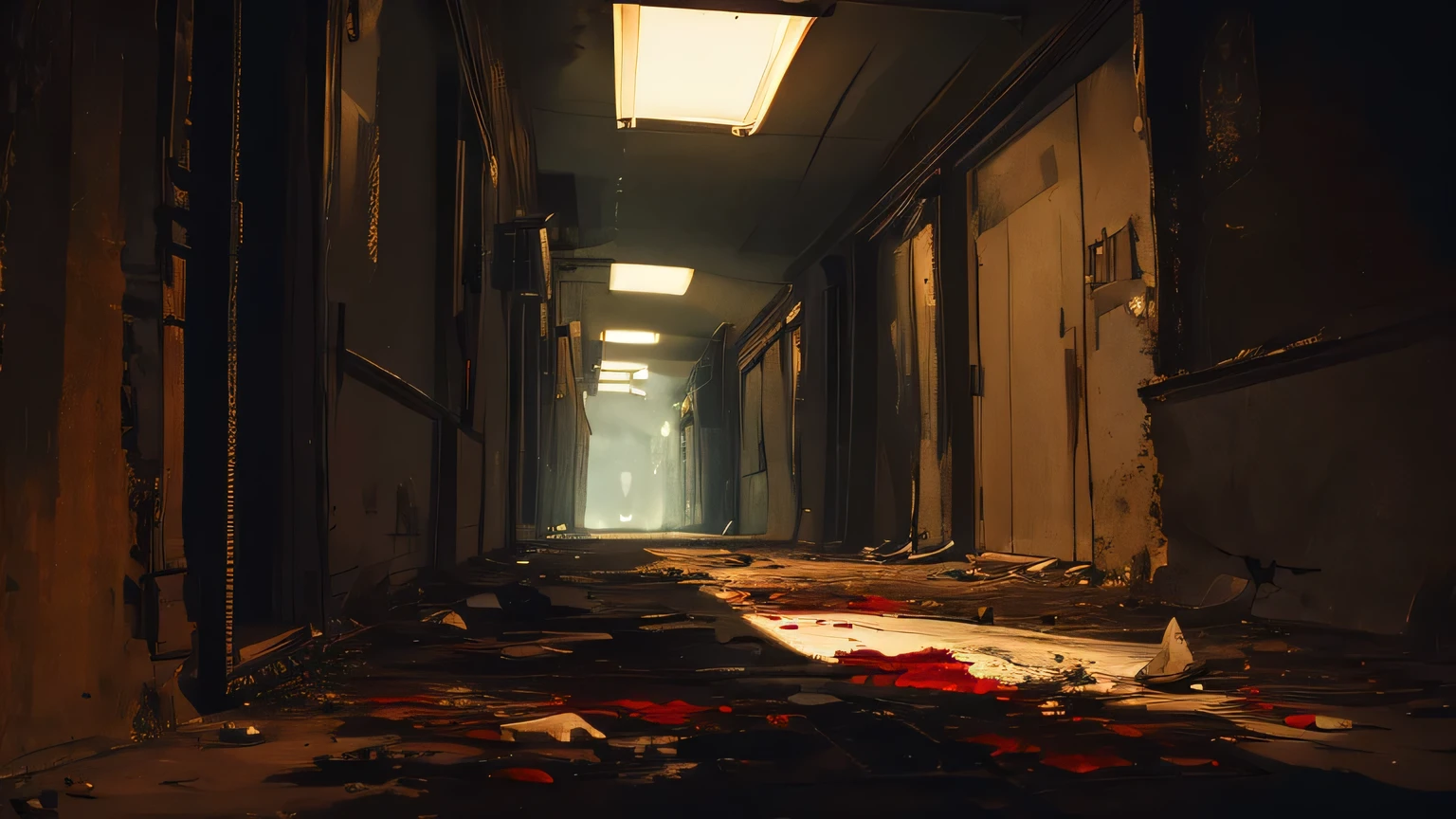 "A first-person perspective of a horror scene. The viewer is lying on the cold, damp floor of a narrow corridor with dirty concrete walls, covered in mold, grime, and water stains. The scene takes place at night, and the minimal lighting is weak and diffused, casting long, distorted shadows that make the far end of the corridor disappear into an oppressive darkness. The environment is overwhelmingly dark, with only a few faint beams of light barely piercing through the gloom. Blood splatters and smears stain the floor, as if bodies had been dragged away. In the foreground, a trembling, bloodied hand reaches weakly toward the endless black void of the corridor, evoking a sense of desperation and powerlessness. The atmosphere is claustrophobic and suffocating, heavy with an inescapable, silent horror."