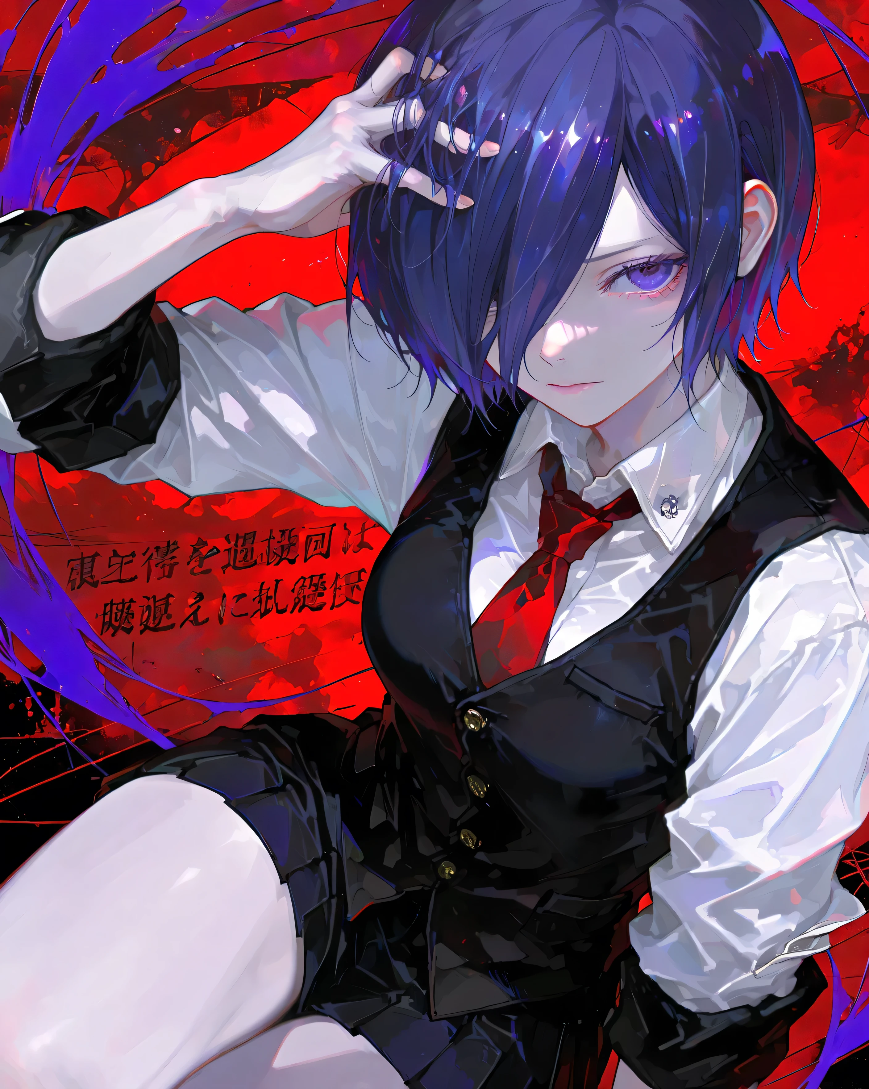 Kirishima touka, Tokyo ghoul, anime girl, Beautiful face, beautiful skin, blue-purple hair, Short hair, Tuka Kirishima hairstyle, covering her hair on the left side of her face, blue-purple eye , School clothes, beautiful body, white light jacket, red tie, short skirt, Black jacket, strategic position, , black jacket contains threads and chains, bad girl , Beautiful girl, Tsondry, kirishima touka , Bloody background