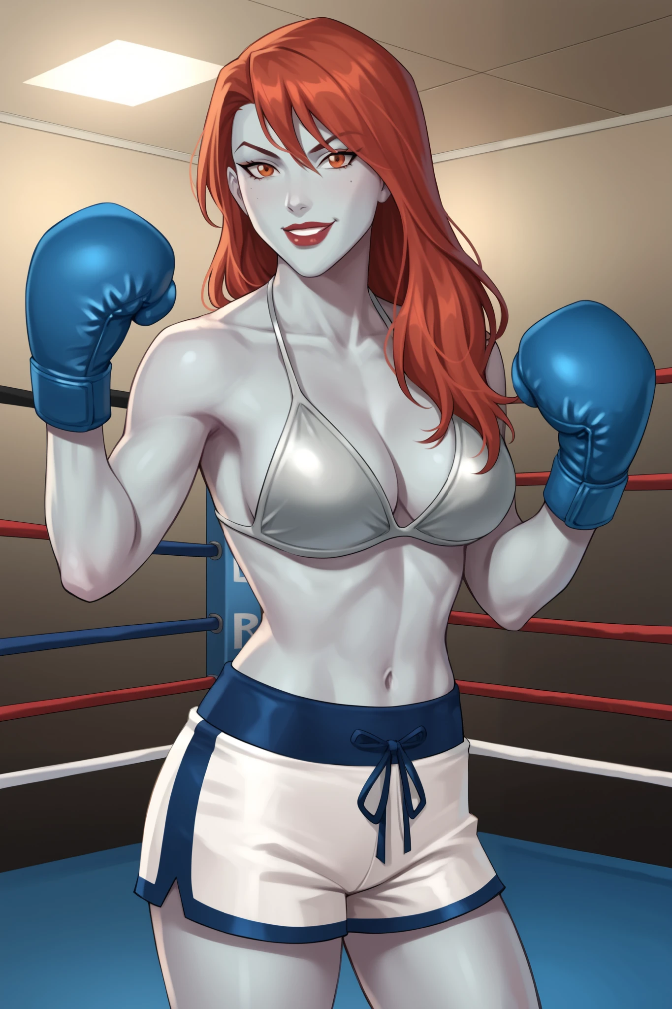 PonyXLV6_Scores BREAK (perfect anatomy, perfect eyes), BREAK mgann morzz, red hair, colored skin, white skin, orange eyes, makeup, lipstick, flirting, raised eyebrow, ((looking at viewer)), superhero, silver boxing gloves, silver boxing shorts, curvy, toned, athletic, breasts, milf, standing, boxing ring, gym, indoors, silver bikini top, muscles, smile