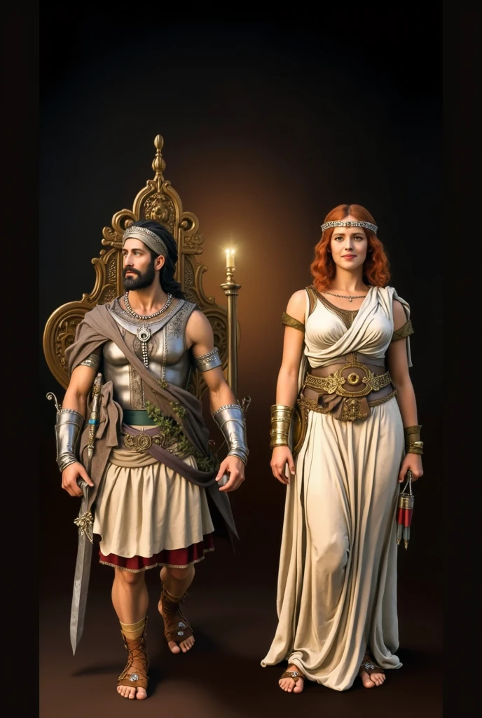 Gold statue of a man and women age 2, wearing formal suit and dress and wearing spartans helmet,whole body shot, black background, high quality, 4k resolution, intricate detailed