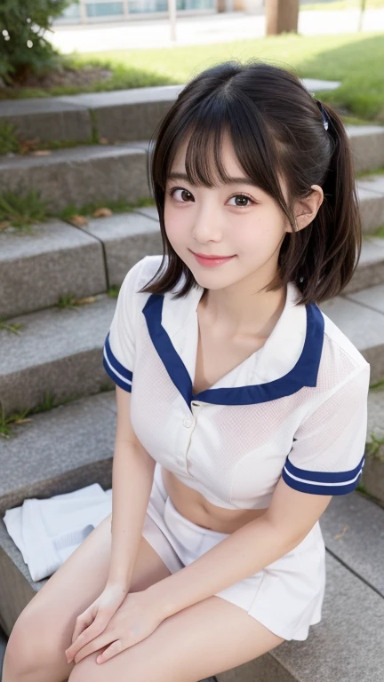smile、((Browsing Caution))、(())、((Female organ:1.1))、(Highest quality、4K、8K、High resolution、masterpiece: 1.2)、Very detailed、Beautiful Japanese Girl、1 person、 (16 years from the front:1.4)、(reach sexual ecstasy:1.6) 、naked ldy is exposed, Givina glimpse of her crotch.:1.5)、(Short-sleeved sailor uniform) 、Crotack、Beautiful ass、 Twin tails、Outdoor by the pool