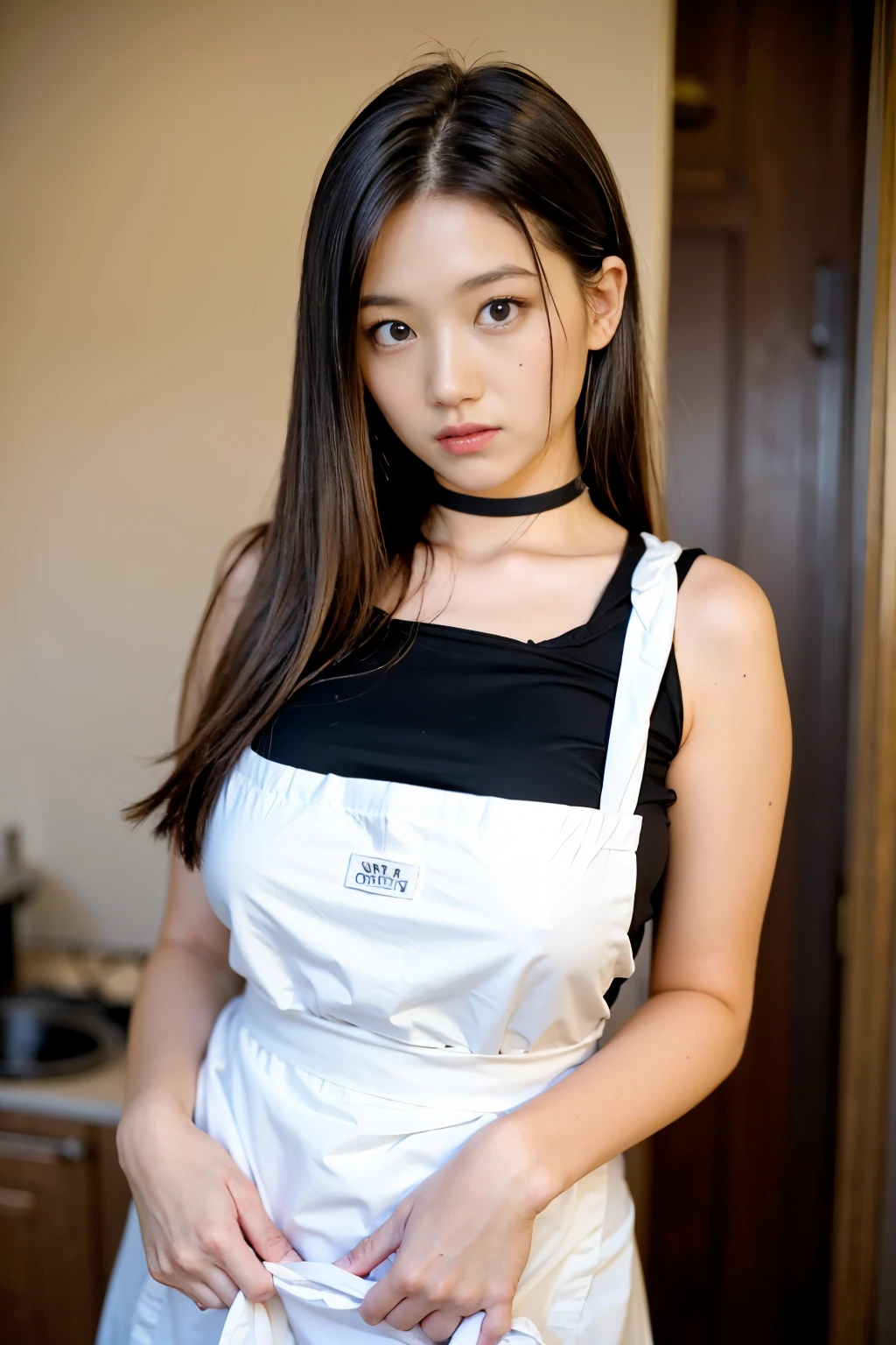 safe_Location,  score_9,  score_8_ up the side,  score_7_ up the side,  score_6_ up the side,  score_5_ up the side,  score_4_ up the side,   shiny skin,  1 girl, chest,  naked,  apron, Alone, huge chest,  mature woman, Functional, chest元,  long hair,  choker,  mole under eye, (( apron hem lift up)) ,  and stare at the viewer, sweat,  black hair ,   Brown Eyes, bangs, clavicle,  thighs,  skindentation