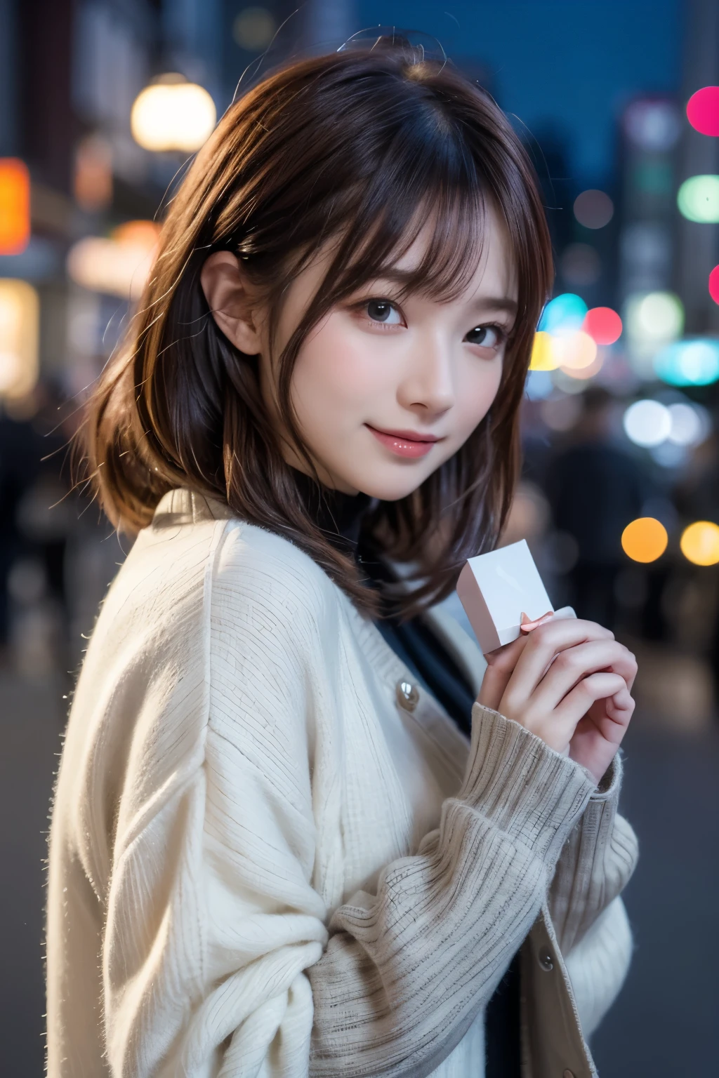 Valentine day, winter, a snowy night sky, holding a gift box with chocolate illustrations on her hands, Tokyo, gorgeous cityscape, city shines with decorations, wearing flullry and warmly winter fashion, the top button of the upper clothes is opened, pale orange and bright brown hair, blushing, pompadour hairstyle, twisted bangs, hair is shaggy and dishevelled, fidgeting, blushing, a shy smile, pampered expression, lovey-dovey, heart is pounding with tension, slendar figure, beautiful white-colored translucent skin, natural makeup, adult sexiness, alluring, glossy face, cold and shivering, {photorealistic}, {4K resolution}, {cinematic}, {dramatic}
