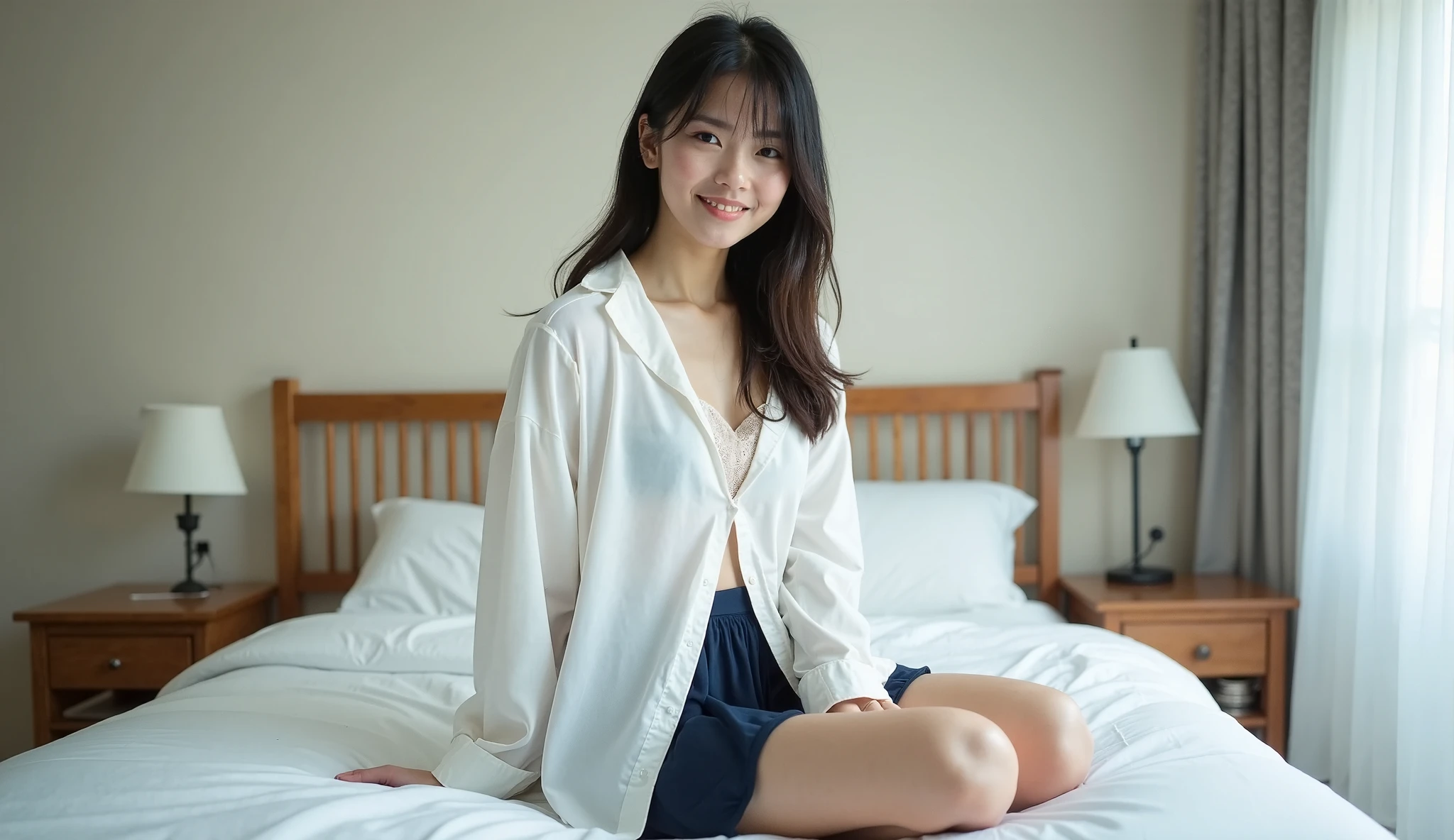 High resolution、High level image quality、high detail、masterpiece、realistic skin,、rough skin、(anatomically correct)、1 person、((wearing loungewear、erotic posture、bed、darkness)))、((Japan people 27 years old))、((whole body))