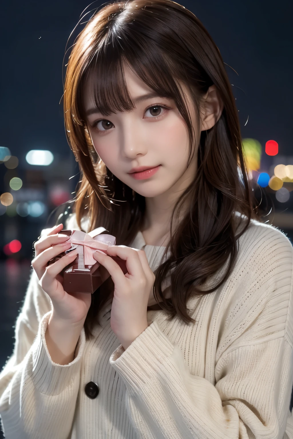 Valentine day, winter, a snowy night sky, holding a gift box with chocolate illustrations on her hands, Tokyo, gorgeous cityscape, city shines with decorations, wearing flullry and warmly winter fashion, the top button of the upper clothes is opened, pale orange and bright brown hair, blushing, pompadour hairstyle, twisted bangs, hair is shaggy and dishevelled, fidgeting, blushing, a shy smile, pampered expression, lovey-dovey, heart is pounding with tension, slendar figure, beautiful white-colored translucent skin, natural makeup, adult sexiness, alluring, glossy face, cold and shivering, {photorealistic}, {4K resolution}, {cinematic}, {dramatic}