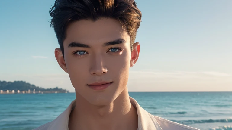 (masterpiece: 1.3), (Best Quality: 1.2), 8k, absurdities, (extremely detailed: 1.3), Highestres, (1boy: 1.2), portrait,
,((( naked))), ,perfect cock,short black hair, very short hair, green eyes, pale, baggy eyes, beach