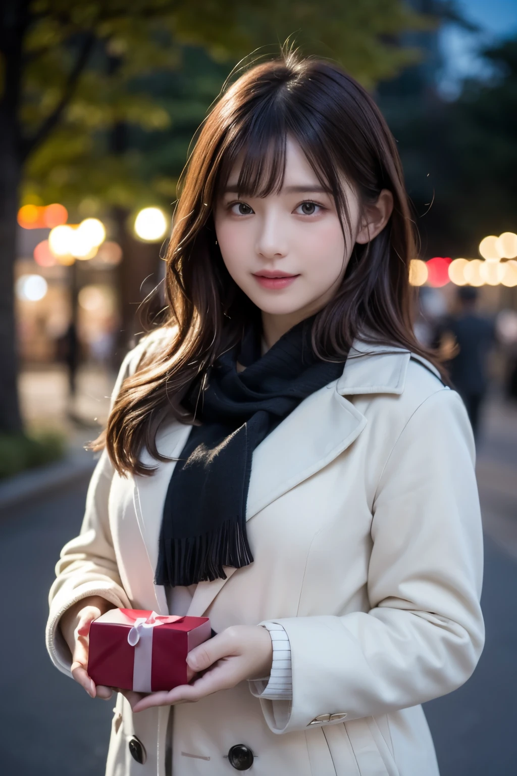 Valentine day, at winter dusk, in the park in the urban area, Tokyo, gorgeous cityscape, city shines with illuminations, dressed in school uniform with a warmly scarf and a coat, holding a gift box in the palm of her hand and discreetly to someone, heart is pounding with tension, blushing, being embarrassed, laughing, short length hair, brown red hair, hair fluttering in the wind, beautiful white-colored translucent skin, gramolous figure, a little chubby, sexy, adult sexiness, alluring, glossy face, shy but endearing expressions, cold and shivering, hands reaching out toward here, {realistic}, {cinematic}, {photogenic}, {photorealistic}, {4K resolution}, {cinematic}, {dramatic}