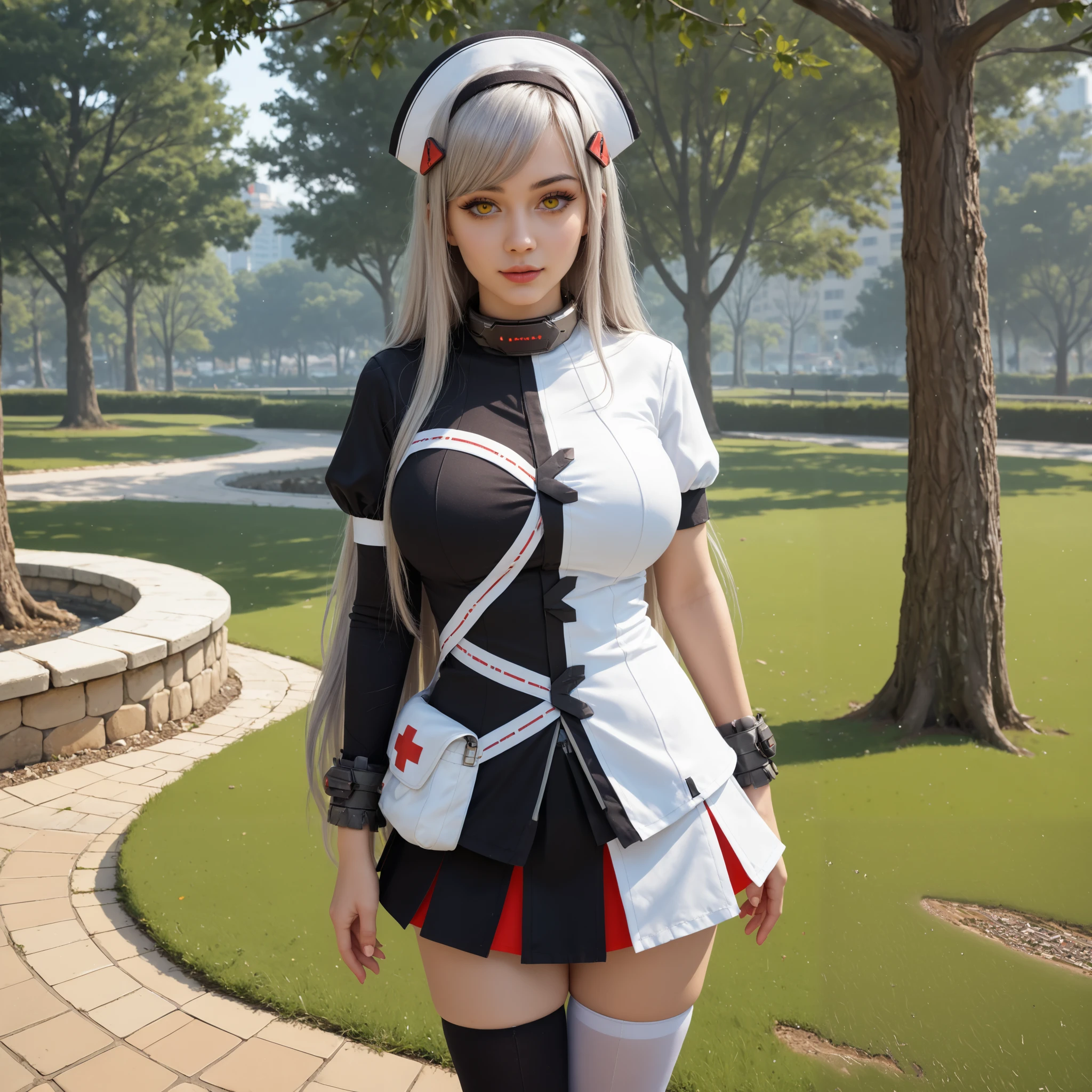 (realistic:1.4),1girl, solo,large breasts, long eyelashes, expressive eyes, perfect face, BSblack1i1ith, solo, thighhighs, gun, weapon, holding, long hair, dual wielding, transparent_background, long right sleeve short left sleeve, hairclip, asymmetrical clothes, asymmetrical legwear, nurse cap, yellow eyes, collar, wrist_cuffs, waist bag, full body, the image is a digital illustration of a female character from an anime-style drawing. she has long, flowing silver hair with a slight gradient effect, transitioning from white at the roots to a darker shade towards the tips. her eyes are a striking yellow color, giving her an intense and focused expression. she wears a futuristic, high-tech outfit that is predominantly black and white, with a distinctively modern and edgy design., , city, city lights, cityscape,indoors,tile floor, reflective floor, skyscraper,window,summer season, light particles,yellow theme, dark background,Standing,lean forward, looking at viewer,