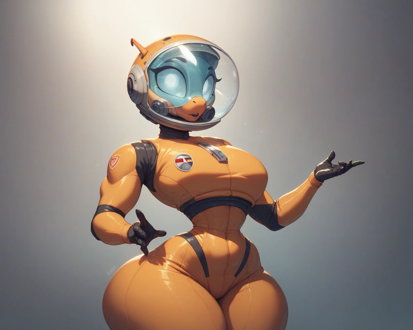 (masterpiece, top quality, best quality, official art, beautiful and aesthetic:1.2), (1girl:1.3), light freckles, fair skin, extremely detailed, portrait, looking at viewer, solo, (full body:0.6), detailed background, close up, (bright space pinup theme:1.1), busty 1950's pinup brunette space girl, charlatan, smiling, happy, mysterious, spacewalk, modest attire, white and orange space suit, spacesuit, helmet, bodysuit, ray gun, long boots, pouches, jetpack, glass helmet, rocket ship, ((((narrow hips, slim sexy body, gigantic breasts)))), slim waist, slim hips, long legs, futuristic (moon exterior:1.1) background, dark mysterious lighting, shadows, magical atmosphere, dutch angle,
