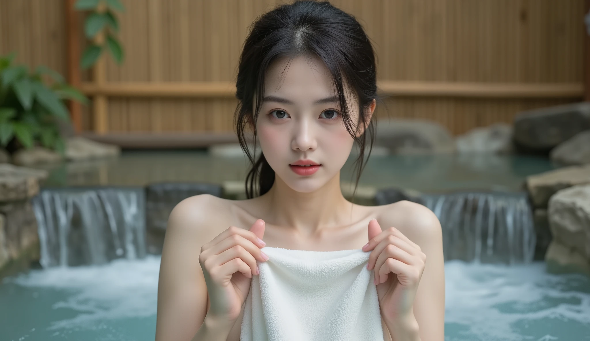 Highest image quality, Outstanding details, Ultra-high resolution, (Realism: 1.4), ((Close up:1.3, view the viewer)), The best illustration, favor details, highly condensed 1girl,A delicate and beautiful face,(Showering，The posture of wrapping in a thin towel after showering,The hair is completely wet：1.4，Woman bathed drenched and naked:1.4),Pink bathroom，Pink walls，Pink bathtub，