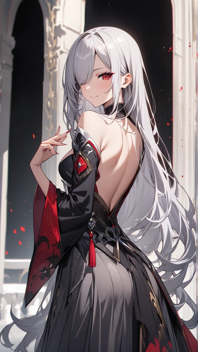 (Image from chest up:1.4)((masterpiece:1.5,Highest quality,Beautiful images、Realistic、2.5D、Artistic、Portraiture))(1girl, 独奏)(medium breasts, Silver Hair、long hair、Beautiful cleavage、sideboob、Exposing shoulders、Tattoo on shoulder)(横顔のPortraiture,Gaze sideways、Gaze diagonally、Shake your head、A sad expression, floating hair)(Monotone Abstract Background)((from side:1.3)),Landscape,((outfit-inori,Monotone costumes))