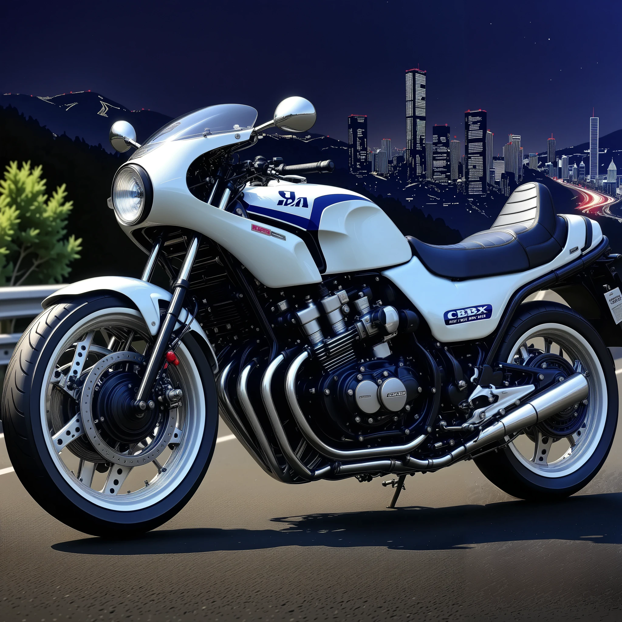 One cafe racer tuned motorcycle/CBX400F/One Girl Riding {/ Ouka-chan/}、 HONDA Racing Inline 4 Cylinder Engines 、 Titanium Frame 、Titanium full exhaust pipe 、 Magnesium Wheels 、Race Tires 、 racer separate handle、 racer back step 、 Competition Vehicles without Safety Parts 、 Accurate Wheelbase 、Accurate scale、Hilltop road overlooking the night view of the big city、 glossy skin、