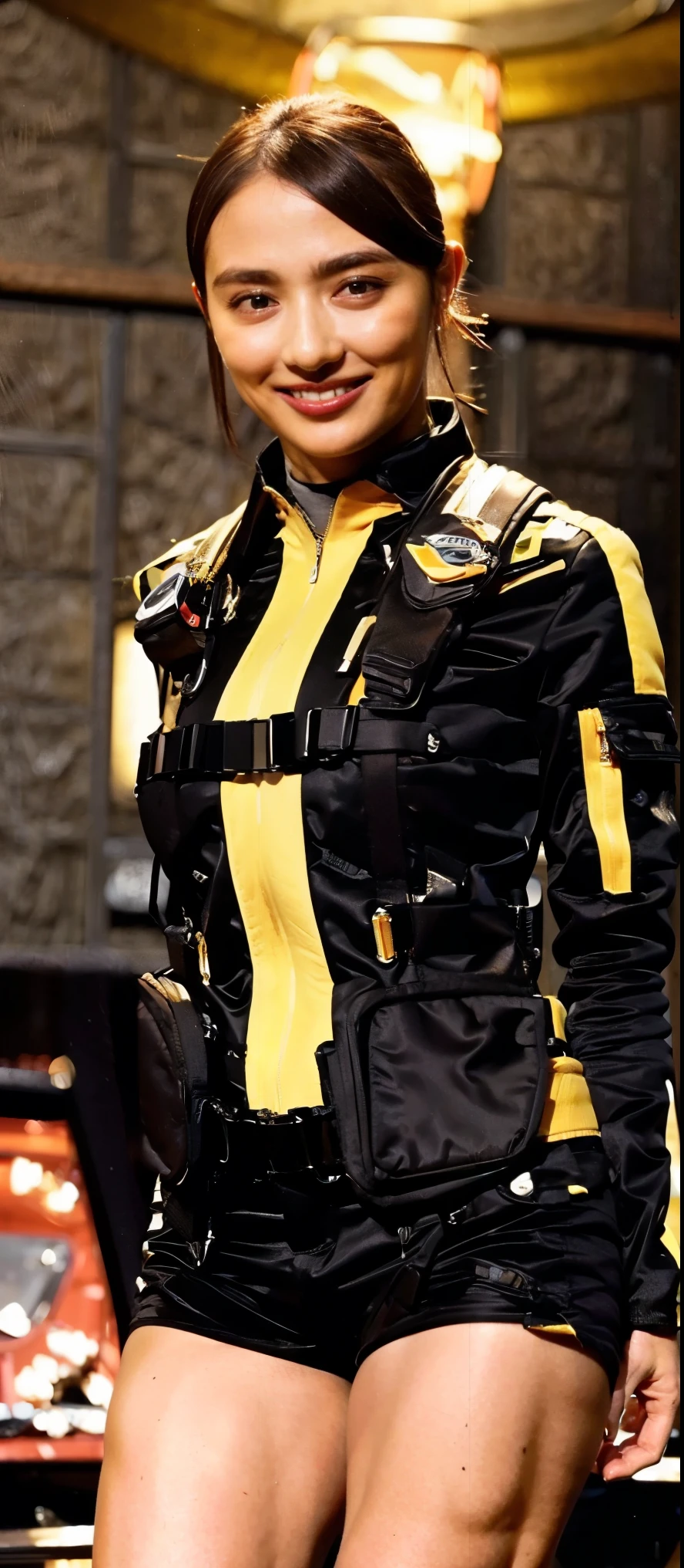 ( extremely realistic ), ( TOP QUALITY ), ((round, SMALL AND PRECISE FACE )), glowing skin , glowing skin , Wide Hips , healthy body,Yokozaki beauty々, Black gloves ,clock, iris,short shorts,black shorts, Long Sleeve , jacket , shorts, adult female ,smile, big breasted big breasted , big breasted , big breasted , big breasted , Pushing out chest, Her breasts are so big and plump , Her breasts are so big and plump , Her breasts are so big and plump, Her breasts are so big and plump, clothes are perfect for your figure ,My body is chubby, Height