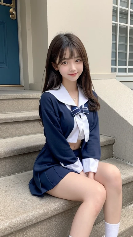 Beautiful high school girl staring at the camera、medium long hair、full body shot、sailor suit:1.3、navy pleated skirt:1.3、puberty、evening、from the front、Portrait, shy smile, cleavage, walking along the shopping street