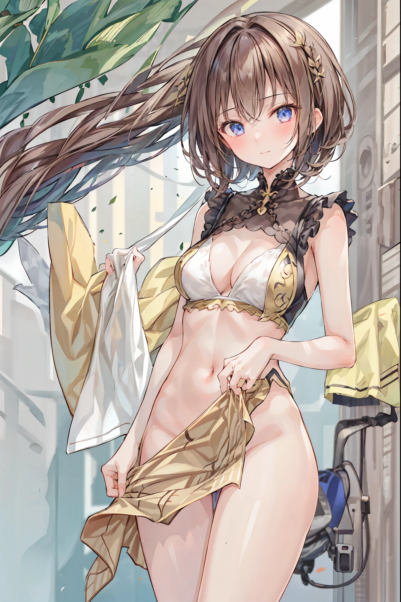Satono Diamond,Umamusume,horse ears, Uma Musume ,horse tail,green ribbon,hair between eyes,brown hair, very long hair, spread hair, french braid,brown eyes, princess cut, white skin, shiny skin, ,panties,bra