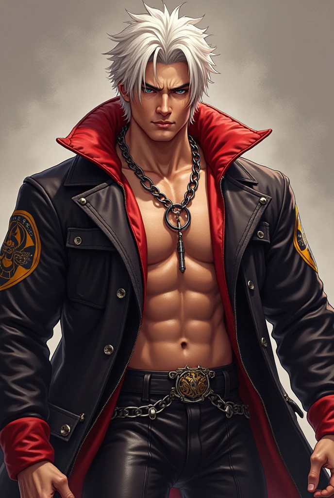 a muscular shirtless black man with defined physique, wearing a red open leather jacket, white hair, yellow eyes, dark brown skin tone, front view, highly detailed, masterpiece
