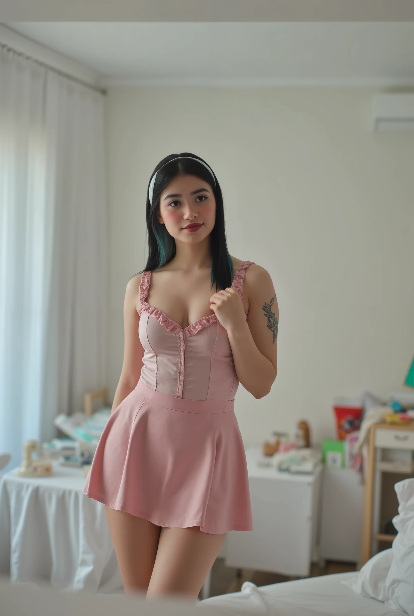 beautiful detailed eyes,beautiful detailed lips,extremely detailed eyes and face,longeyelashes,1girl,a beautiful white girl with straight shorty blue hair,sexy,very thin,thick thighs,ultra-realistic,highly detailed,photorealistic,studio lighting,8k,masterpiece,digital art,fantasy,cinematic lighting,ethereal
