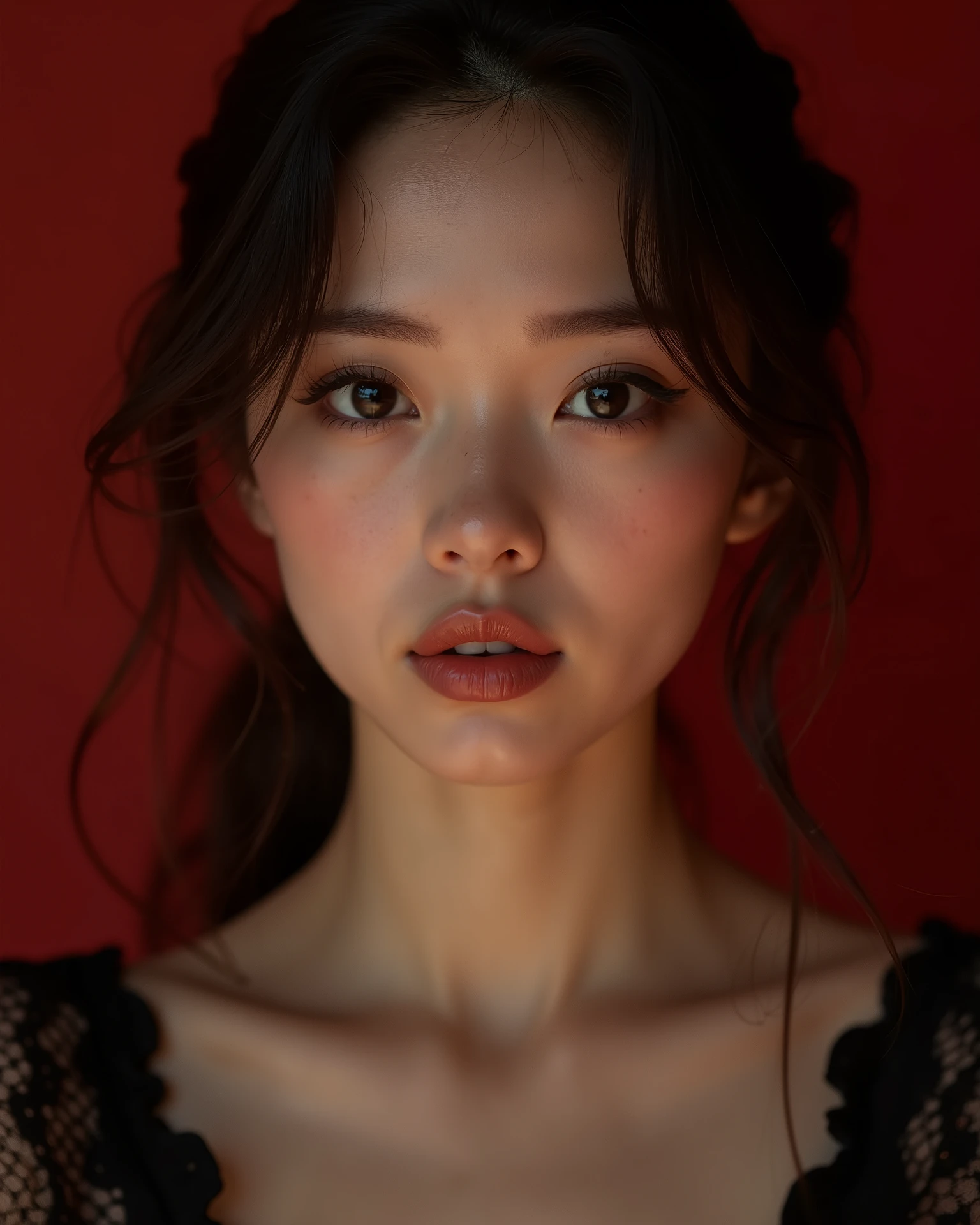 Super detailed image of a woman, light softly frames her delicate face , giving her an charming look . Her expressive eyes are full of innocence and surprise , adding a sense of purity and softness to her image . She is wearing a simple black lace dress , enhances the softness of her aesthetic , as if she thought . The background is minimal and softly lit , with red tones , that add a mysterious atmosphere , allowing her gentle features and soft gaze to stand out . She mouth is closed.