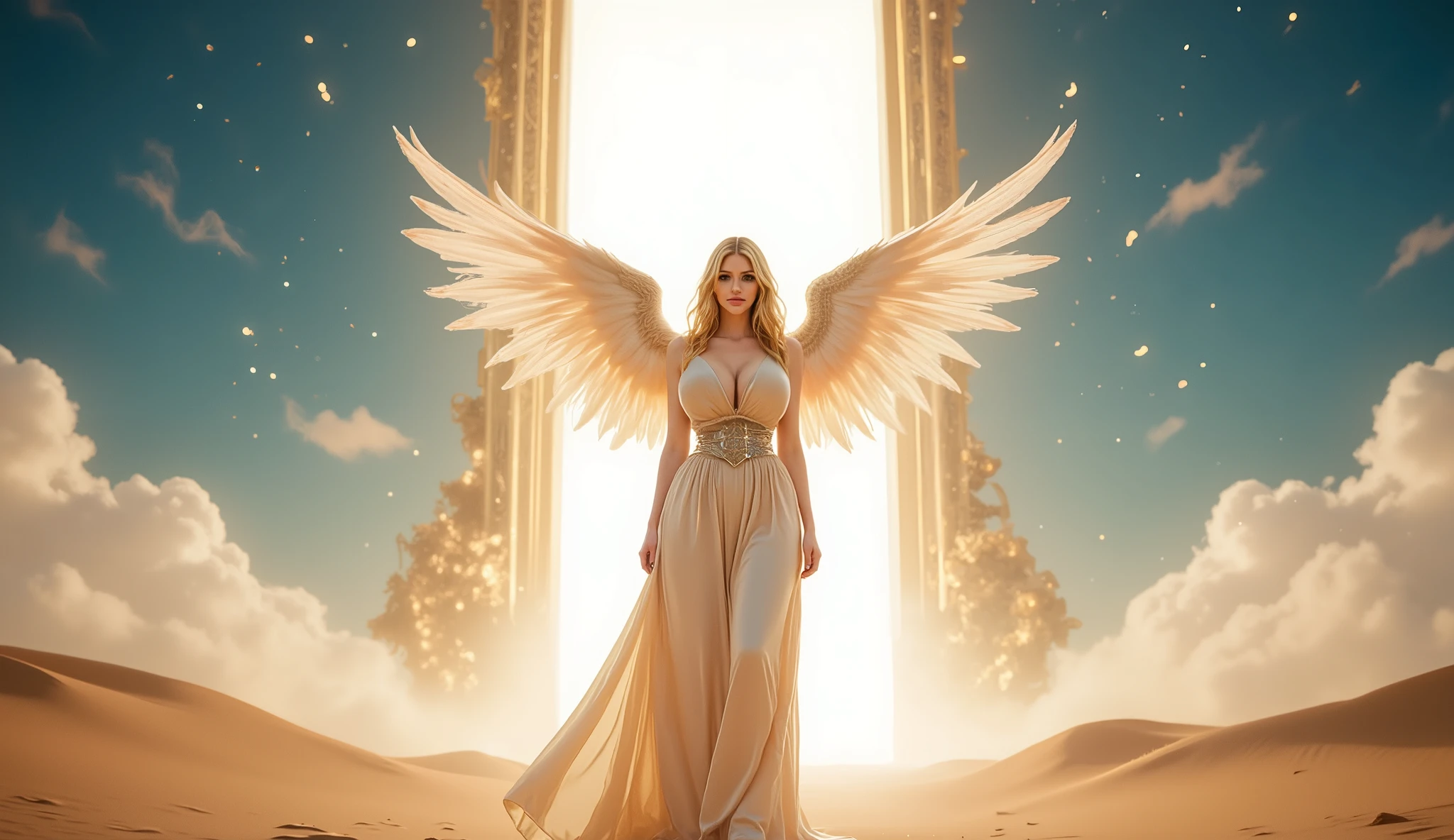 A lone steampunk angel stands before a radiant doorway in an endless desert of time. She wears a simple, flowing white gown, untouched by mechanical embellishments, symbolizing purity and transcendence. Her mechanical wings, crafted from polished brass and translucent crystal panels, extend slightly behind her, glowing softly in the portal’s ethereal light. Her silver-white hair flows gently, framing her serene face as she locks eyes with the viewer. The intricate engravings on the towering doorway shift as if alive, casting a soft halo around her. Wisps of temporal energy spiral into the sky, where fractured constellations flicker. The vast desert behind her stretches infinitely, its golden dunes resembling frozen waves in time. medium shot focus to her body. Cinematic, ultra-detailed, photorealistic, fantasy art, 4K resolution.
