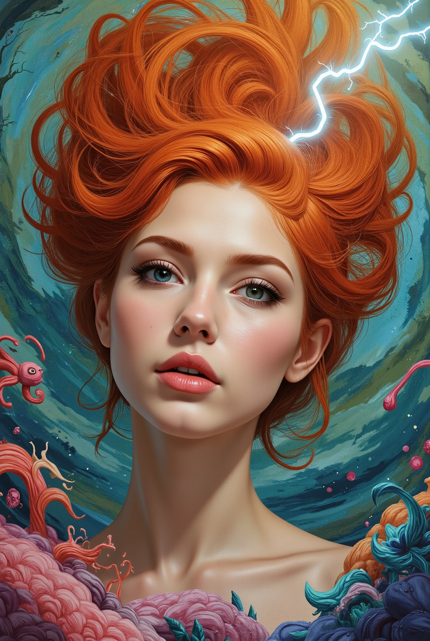 (best quality, masterpiece), 1girl, upper body, ginger, green eyes, (curly hair:1.3), steaming body, diving, marine life, swimsuit corals, bubbles, swimming, underwater , closeup, <lora:adventurers_v1:0.20> <lora:pilyeon-04:0.4>