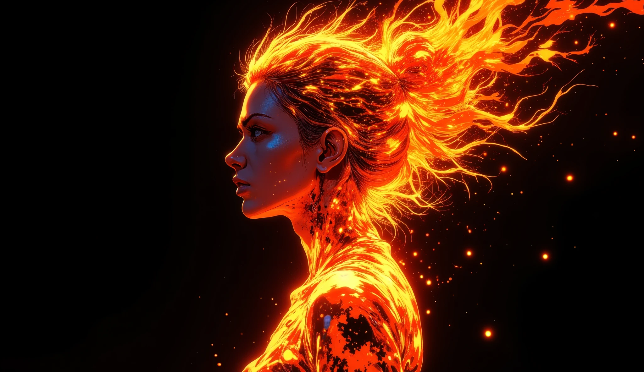 high quality, 8K ultra HD, Una hermosa double exposure que combina una silueta de mujer con un fuego plateado enorme que se mezcla con su pelo, el fuego plateado should serve as a backdrop, with its details incorporated into the woman , sharp lines, The background is black, sharp focus, double exposure, By Yukisakura, stunning full color, anime