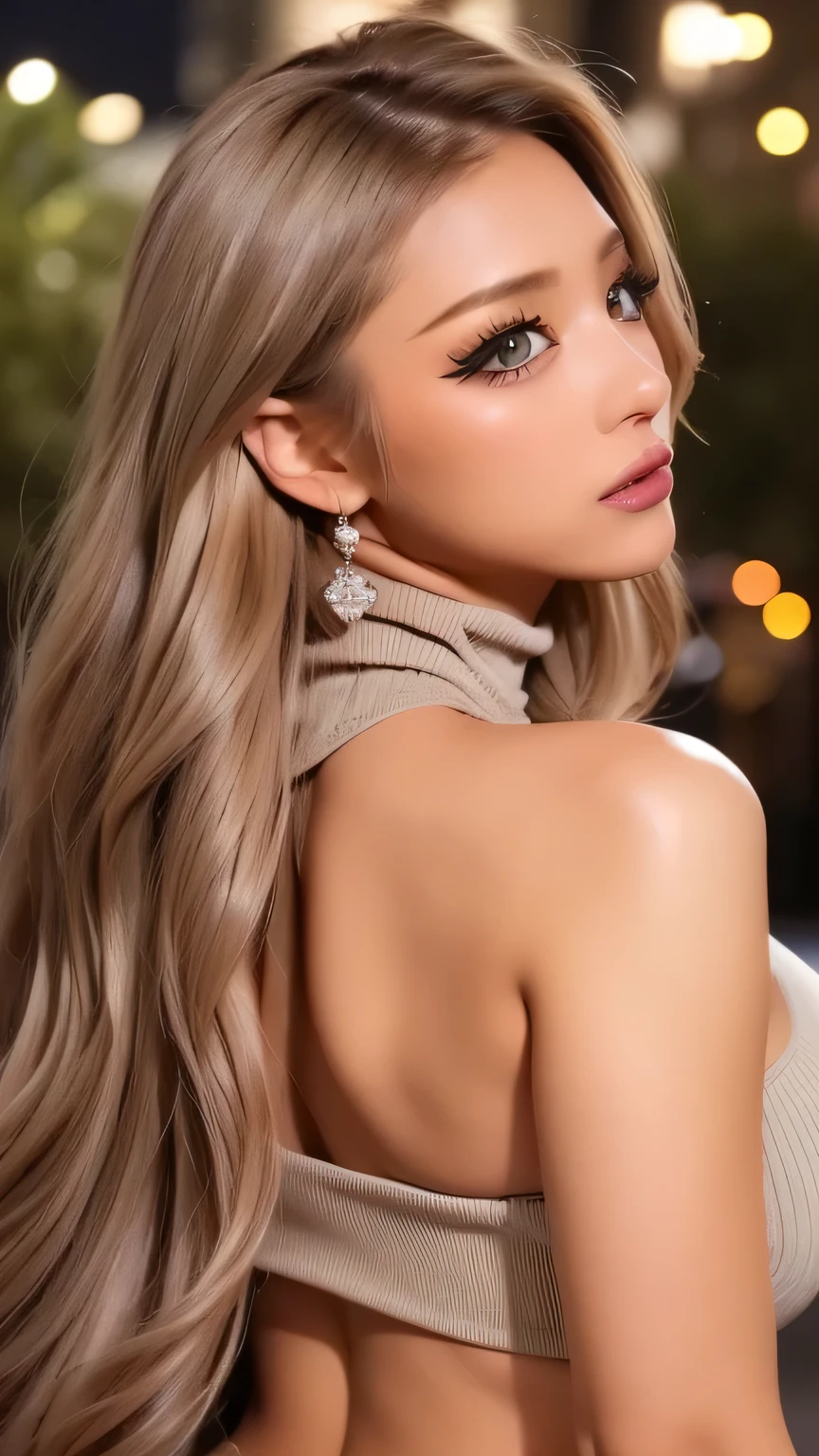 (    cowboy shot  、    TOP QUALITY  、8k、  Award-winning work  、       ultra high resolution )、  beautiful woman、(  Show off your perfect body with a virgin killer sweater that shows cleavage , Sexy big boobs:1.1)、Erotic lips in a duck's mouth   ,   FEMININE GLAMOROUS BODY  , (    virgin killer sweater  :1.3),((  gray turtleneck sleeveless dress 、 Cup Bust、  wrists seen through cuffs   {x} Cup Bust、 chest tank top visible from the side  ,Perfect big 、(  blond:1.1)、   Brilliant Color Contact Lenses   、  PERFECT GAL MAKEUP、    shine on a jewelry box   、 Sexy lips in duck mouth、(   Heavy Makeup for Women   :1.2)、(     show off your perfect body with a dark brown beige eye circumference     :1.1)、    beautiful bright eyeshadow    、 dark makeup 、(  big breasted :1.2)、   Very Long Wavy Hair   、(Romantic affection:1.1)、  、(    Many women accentuate their curves in a     ....:1.1)、(  strongly blurry 、     vividly representing the luxury hotel pond at night  :1.1)、(  strongly blurry  background:1.1)、   accurate anatomy 、     ultra HD hair、(        ultra high resolution perfect beautiful teeth:1.1)、     ultra high resolutionの美しい顔  、     ultra HD hair、  crystal clear bang 、Ultra HD Shining Eyes、Shining    ultra high resolution beautiful skin 、       ultra high resolution glossy lips 、    Harry Winston's Necklace   