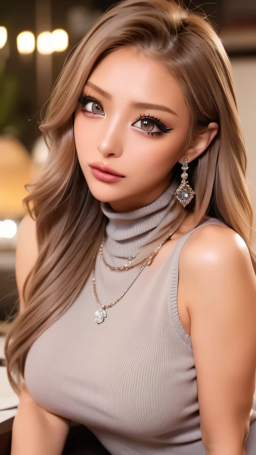 ( cowboy shot 、 TOP QUALITY 、8k、 Award-winning work 、 ultra high resolution )、 beautiful woman、( Show off your perfect body with a virgin killer sweater that shows cleavage , Sexy big boobs:1.1)、Erotic lips in a duck's mouth , FEMININE GLAMOROUS BODY , ( virgin killer sweater :1.3),(( gray turtleneck sleeveless dress 、 Cup Bust、 wrists seen through cuffs {x} Cup Bust、 chest tank top visible from the side ,Perfect big 、( blond:1.1)、 Brilliant Color Contact Lenses 、 PERFECT GAL MAKEUP、 shine on a jewelry box 、 Sexy lips in duck mouth、( Heavy Makeup for Women :1.2)、( show off your perfect body with a dark brown beige eye circumference :1.1)、 beautiful bright eyeshadow 、 dark makeup 、( big breasted :1.2)、 Very Long Wavy Hair 、(Romantic affection:1.1)、 、( Many women accentuate their curves in a ....:1.1)、( strongly blurry 、 vividly representing the luxury hotel pond at night :1.1)、( strongly blurry background:1.1)、 accurate anatomy 、 ultra HD hair、( ultra high resolution perfect beautiful teeth:1.1)、 ultra high resolutionの美しい顔 、 ultra HD hair、 crystal clear bang 、Ultra HD Shining Eyes、Shining ultra high resolution beautiful skin 、 ultra high resolution glossy lips 、 Harry Winston's Necklace