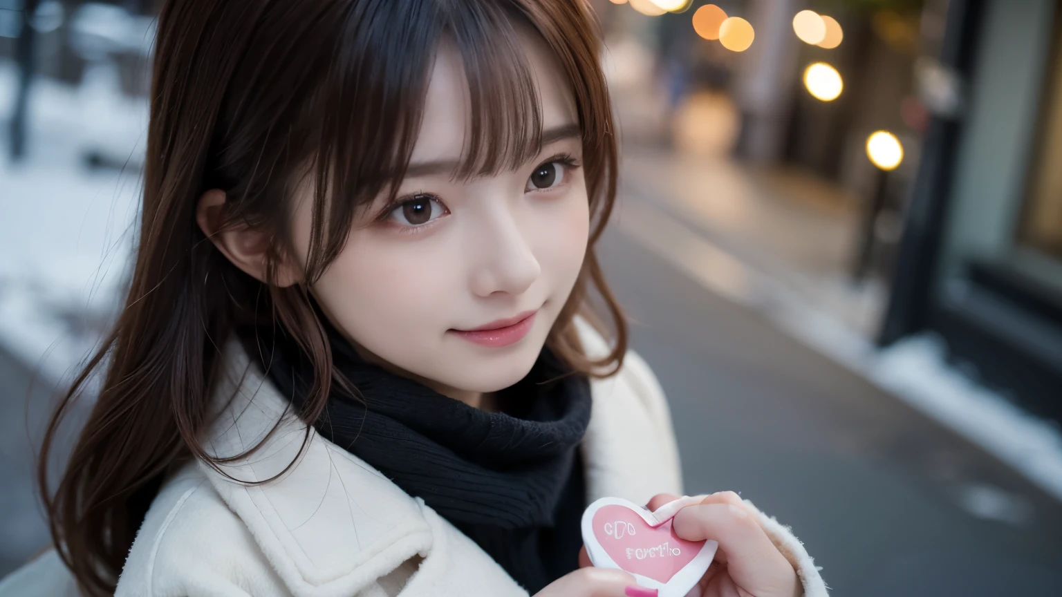 Valentine day, a winter daytime, in the park in the urban area, Tokyo, gorgeous cityscape, city shines with illuminations, dressed in fluffy warm fashion with a scarf and a coat, holding a gift box in the palm of her hand and discreetly to someone, heart is pounding with tension, blushing, being embarrassed, laughing, medium length hair, brown red hair, hair fluttering in the wind, beautiful white-colored translucent skin, gramolous figure, sexy, adult sexiness, alluring, glossy face, shy but endearing expressions, cold and shivering, hands reaching out toward here, shooting from above, {realistic}, {cinematic}, {photogenic}, {photorealistic}, {4K resolution}, {cinematic}, {dramatic}