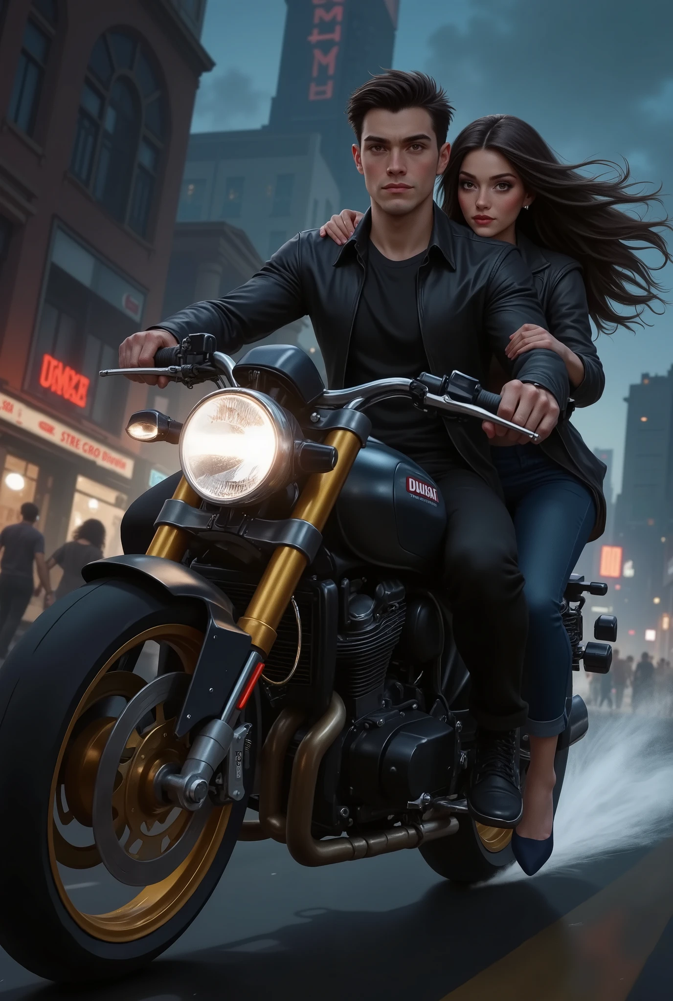 young couple, 22 year old man, high, strong, black hair and light eyes, fair skin , jawed pants and full lips, He's wearing black pants and a black t-shirt and a black leather jacket, He is riding a big black Ducati motorcycle, he's looking forward, skin she the girl is behind him on the back of the motorcycle hugging his waist, ela tem a fair skin , Eyes with amber, And long dark, wavy hair that's flying with the wind, She wears a dark blue t-shirt and a black jacket, She's wearing jeans, she is looking forward , the background is a dusk, With some nightlights. realistic drawing