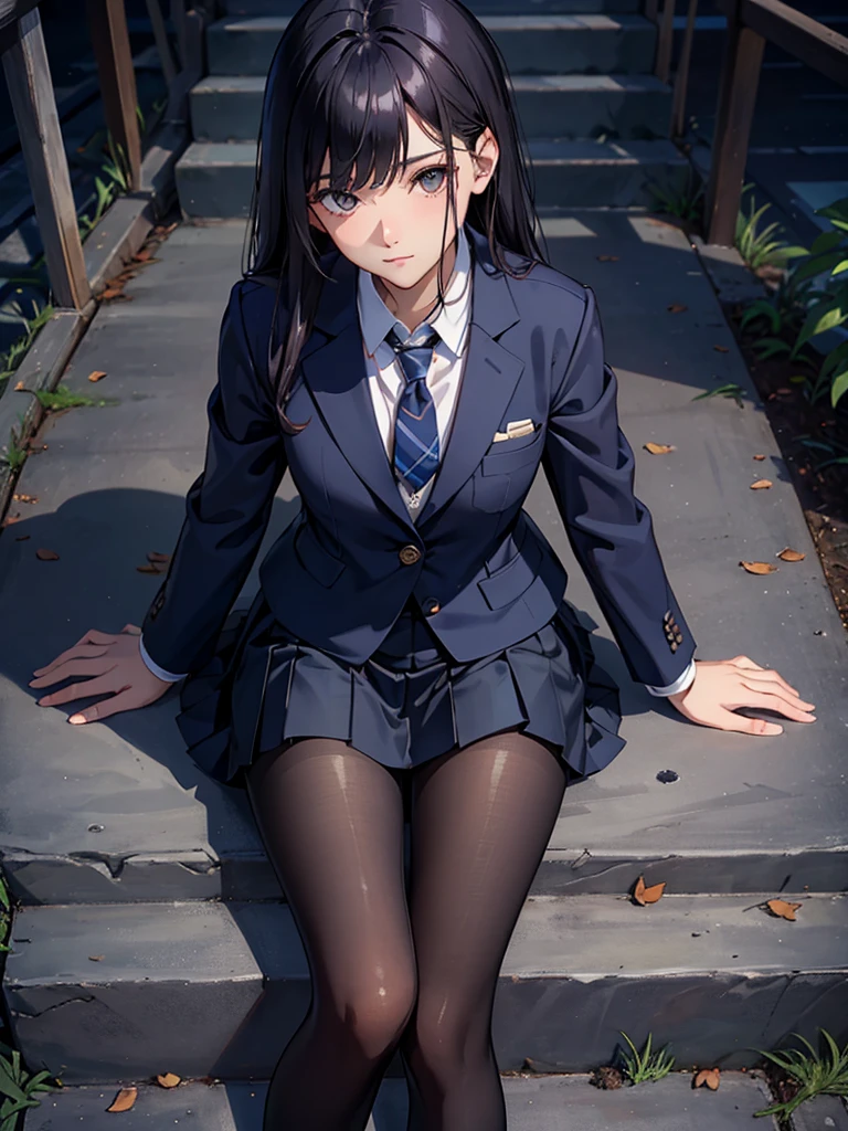 (8k), (Highest quality: 1.2), (Realistic), (Realistic: 1.37), Ultra-high resolution, (1 girl), cute, smile, Mouth closed, Beautiful details, Beautiful Nose, Wet Hair, ponytail,Giant Dulcefo, pork, Thighs，Self Snap,University Uniforms,Simple(Navy Blue Blazer:1.2),Pleated skirt,(The skirt and tie are gray tartan check pattern......:1.3),(Sitting:1), Sit on the ground,(Hold my feet:1),(Black knee-high socks),from the front,knees