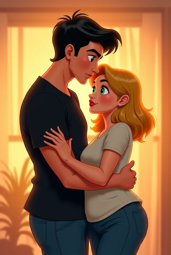 In the photo there is a young woman with slightly curly black hair and bangs Dora, the color of her eyes are brown. She finds next to a young blond man and turquoise eyes. They are above a bed. The young woman is wearing only a black bra and skirt. As for the young man, he is well dressed in a white shirt and beige pants. The girl has a disgusted mood and tries to push the boy out of bed as the boy almost falls, he feels satisfied.. The girl is angry and the boy is happy. Beautiful pixar 2D version