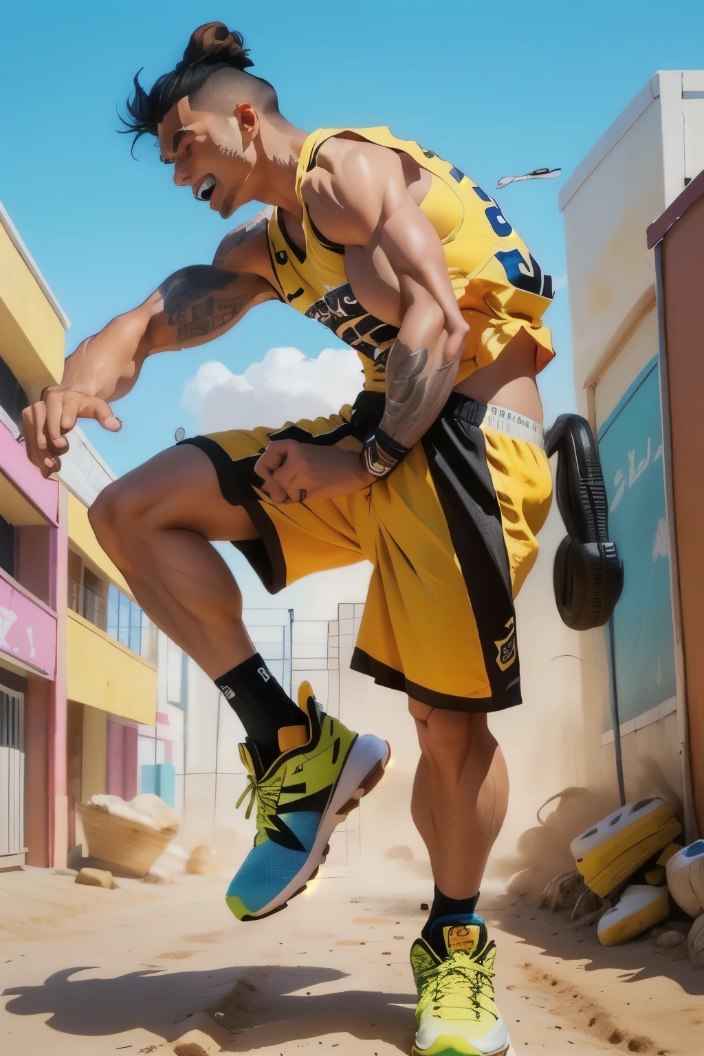 50-year-old middle-aged man,Man,grampa,Height 195,Asian people,sitting in the couch,God perspective,The eyes are about to face each other,Chinese men,musculature,Lift one foot,Wearing a hot pink Nike basketball vest,Hot Pink basketball pants,The number 12 is written on the basketball suit,Hot Pink Nike high-leg basketball shoes,Cord,Chains,Ferocious and ferocious,The background is outdoors,There is no basketball,Hold your hands on your knees