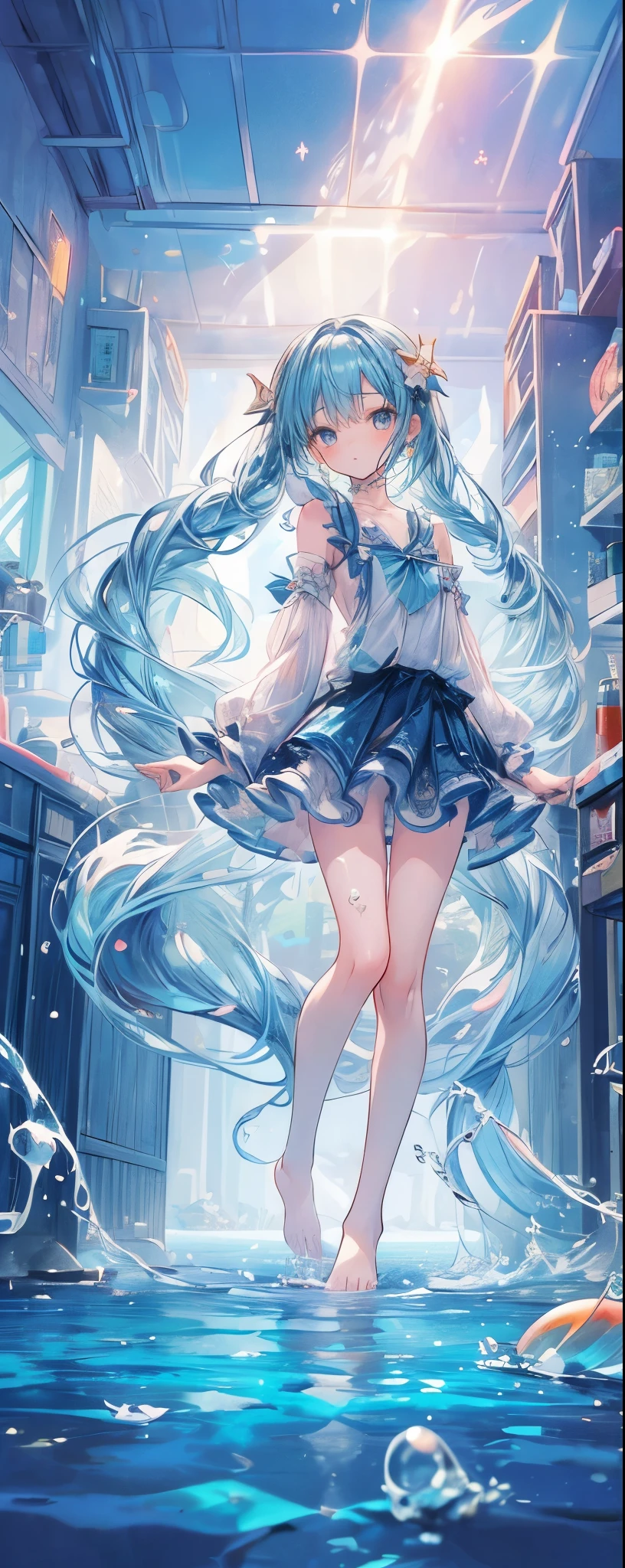 ((petite bishojo, , divine)), ((kawaii face)), ((kawaii eyes)), ((masterpiece)), ((best quality)), ((ultra detailed)), (exquisite), (depth), (crisp), ((8k)), ((beautiful and aesthetic)), (super detailed skin), ((high standard)), ((highres)), ((perfect anatomy)), (full body), (blush), (lipstick), ((kawaii pose)), (strap slip), (barefoot), (white, blue, black)
