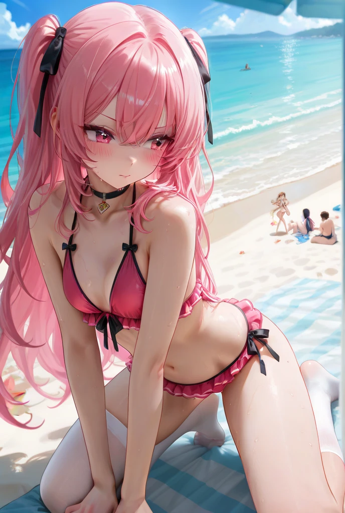 1female、When I was reincarnated, I was a slime character（Mirim）、​masterpiece、top-quality、precise、animesque、Demon King Mirim、Aimei、Beautiful blue eyes、A pink-haired、Twin-tailed、Proud twintails、bikini-armor、Black Bikini Armor、small 、True to the original、Long boots in red、