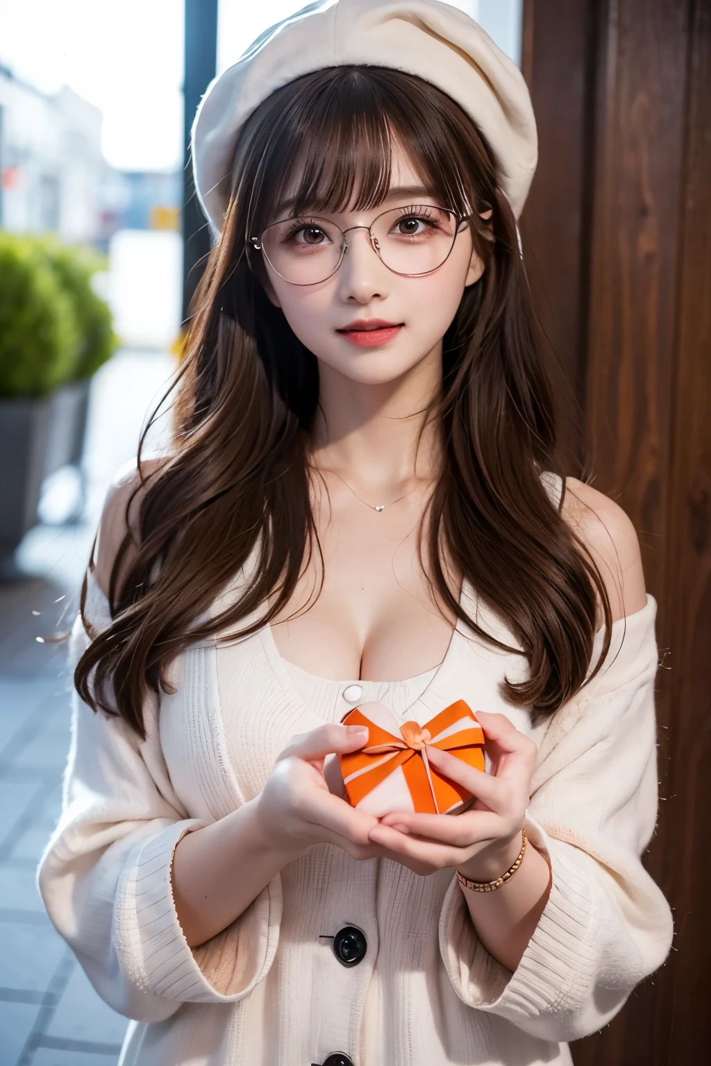 Valentine's day, urban office, dressed in winter coat, put on a flully pink scurf and white beret, wearing glasses that edge is colored with dark red, holding a gift box in the palm of her hand and discreetly to someone, blushing, being embarrassed, laughing, long length pale orange and bright brown hair, hair fluttering in the wind, beautiful white-colored translucent skin, gramolous figure, rich breast, glossy face, shy but endearing expressions, {realistic}, {cinematic}, {photogenic}, {photorealistic}, {4K resolution}, {cinematic}, {dramatic}