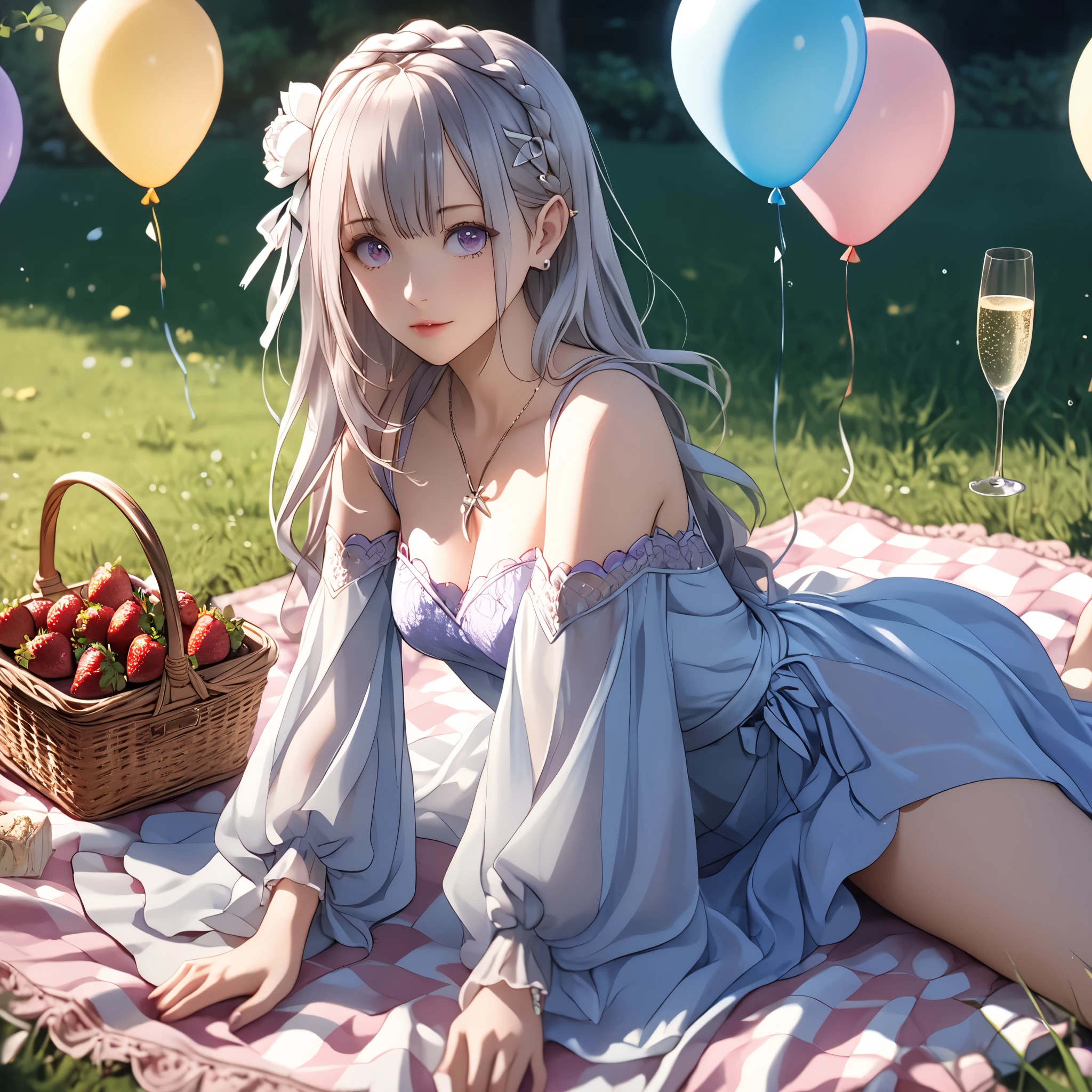 (beautiful girl:1.3),1girl,masterpiece,Highest quality,Ultra-high resolution,rich contrast,super high quality,8k,Highly detailed CG unit wallpaper,texture,Incredibly absurd,Ultra-high resolution,Highest quality anime,professional photograph,an extremely delicate and beautiful,RAW Photos,Depth of Field 1.2,ultra-detailed eyes,Glitter Effect,Beautiful glossy lips, 25years old, gorgeous legs, noise perfect, gorgeous ass, dynamic pose, sensual woman, seductive woman, mature woman, Milf, maternal, shy look, full body, (type of photo: medium shot, portraying the person from head to waist), emilia, re:zero, long straight silver hair, two front locks, his eyes are purple in the iris and light blue in the pupil, Outfit: A pastel pink lace midi dress with puffed sleeves and an A-line skirt. Sandals with thin straps and a bow at the ankle. Accessories: Wide-brimmed cream hat, a necklace with a heart-shaped pendant and a pearl bracelet. Hair and makeup: Soft waves in the hair, natural makeup with pink lips and a subtle highlighter on the cheekbones. Scenario: A picnic in a flowery park, with a checkered blanket, a basket with strawberries and champagne, heart-shaped balloons floating around.